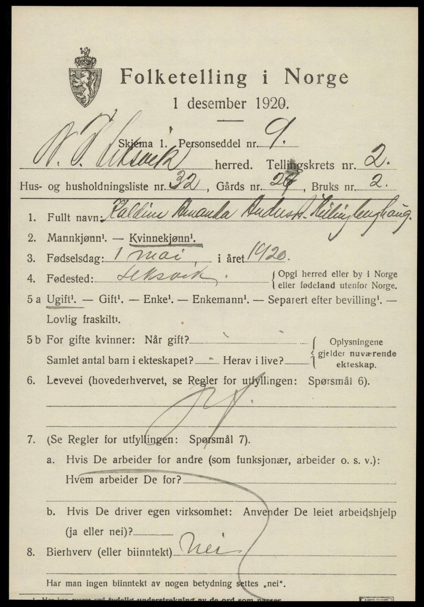 SAT, 1920 census for Leksvik, 1920, p. 2148