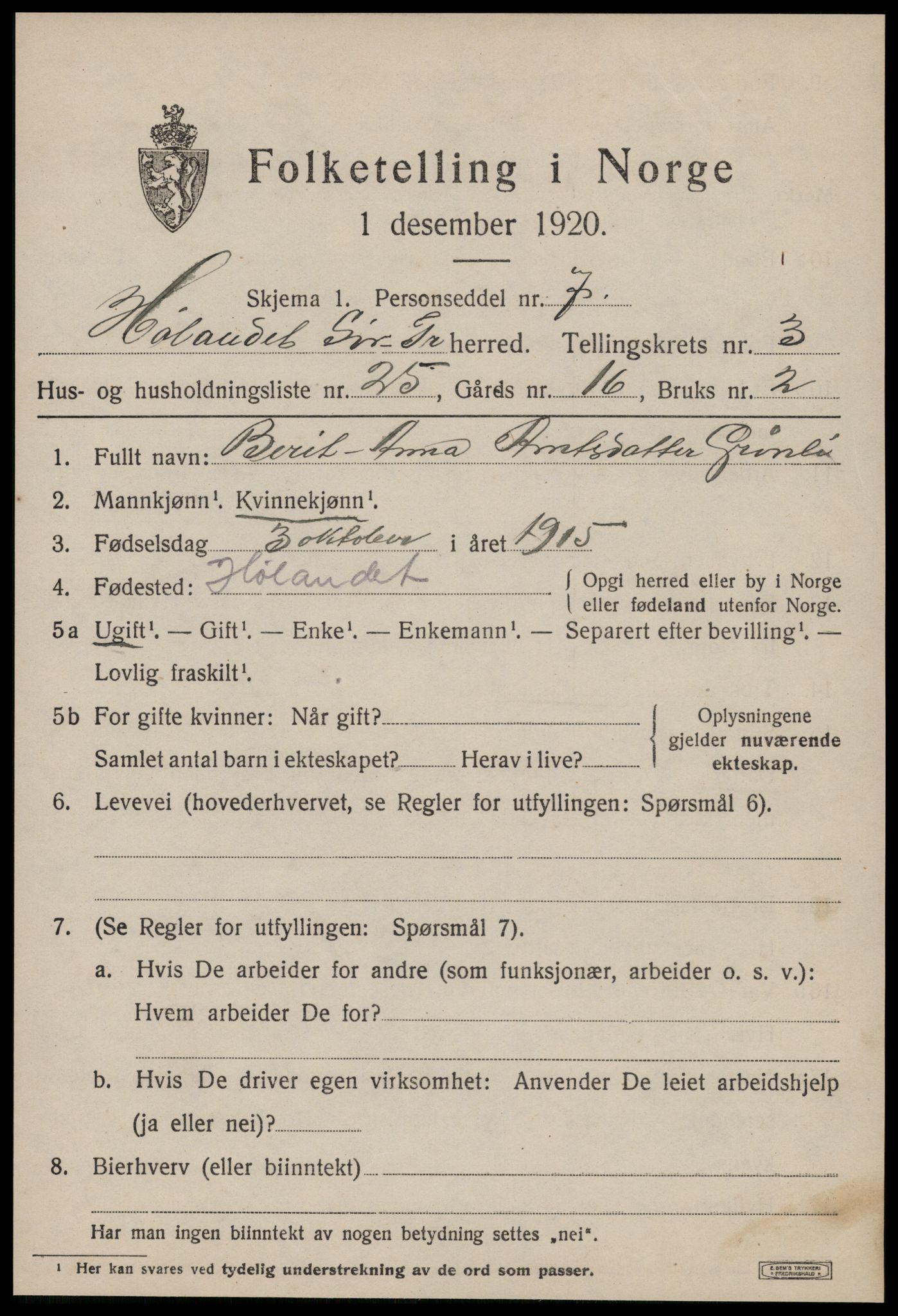 SAT, 1920 census for Hølonda, 1920, p. 1455