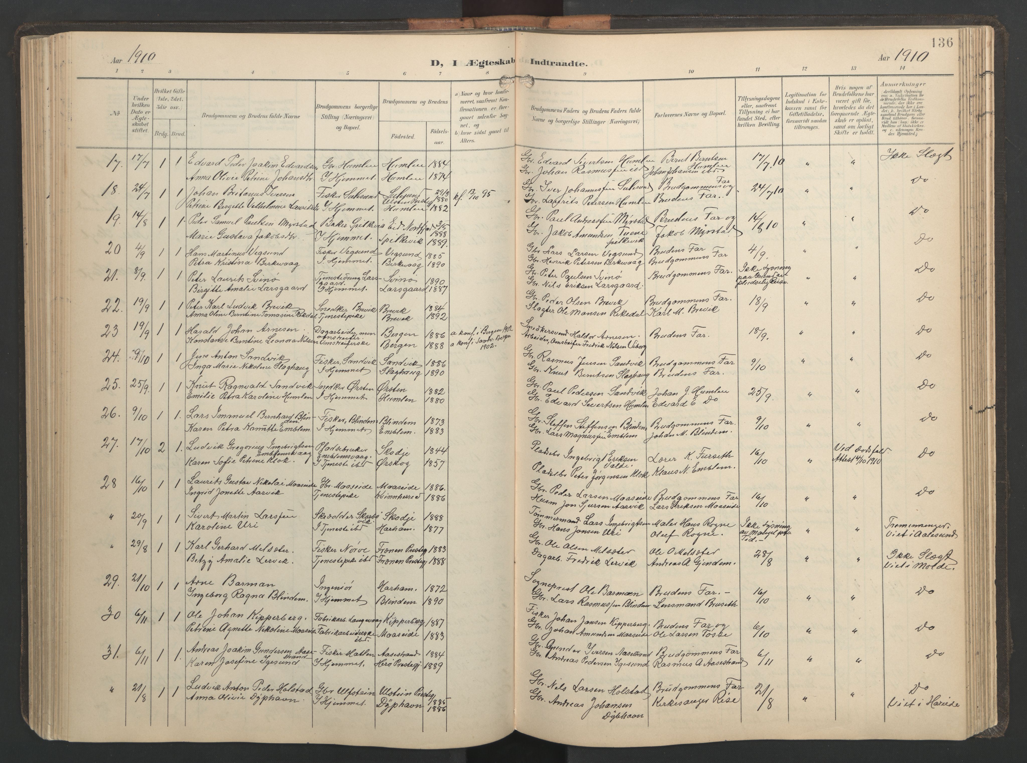 Ministerialprotokoller, klokkerbøker og fødselsregistre - Møre og Romsdal, AV/SAT-A-1454/528/L0433: Parish register (copy) no. 528C14, 1899-1922, p. 136