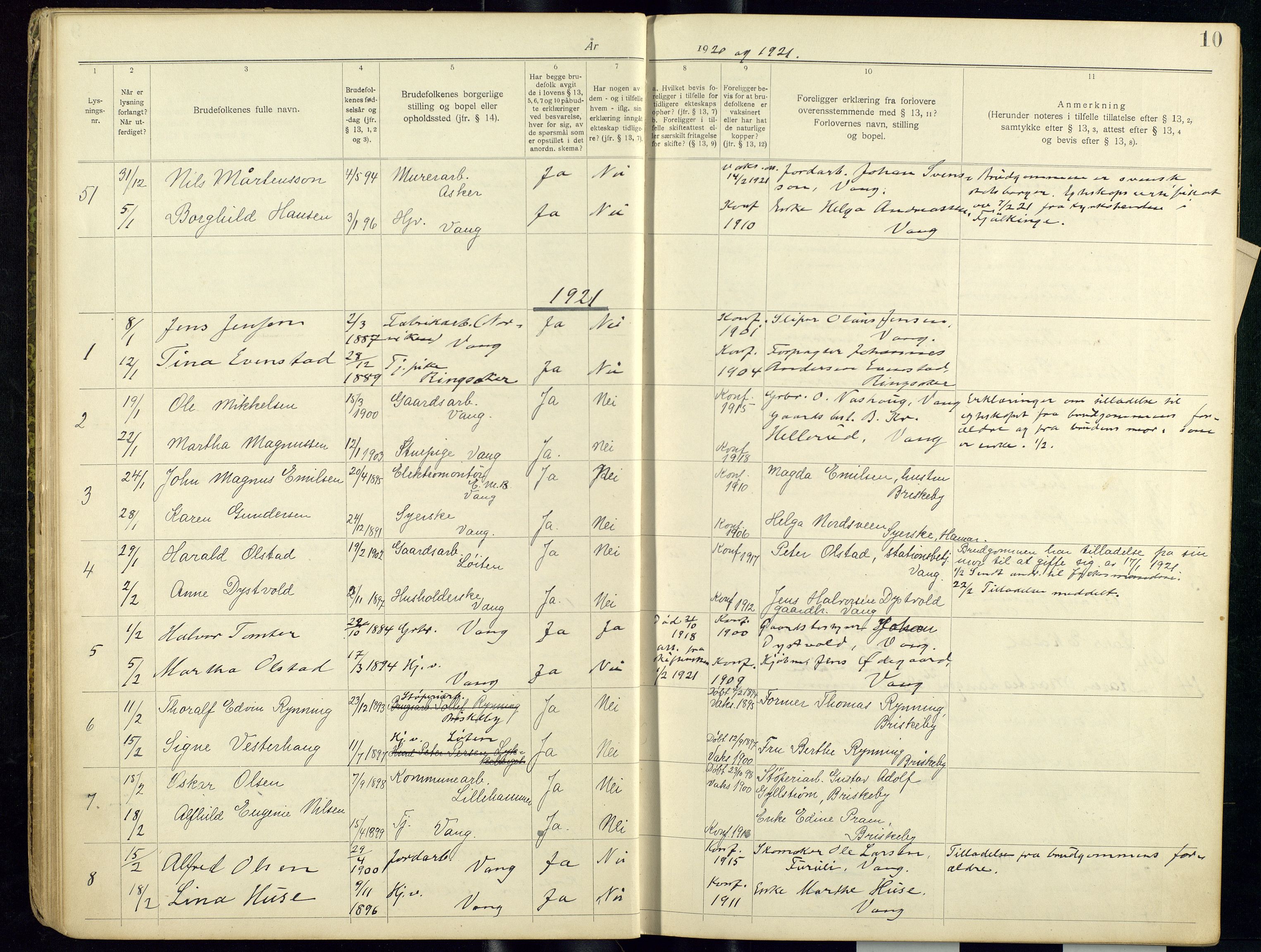 Vang prestekontor, Hedmark, SAH/PREST-008/I/Ie/L0001/0001: Banns register no. 1, 1919-1938, p. 10