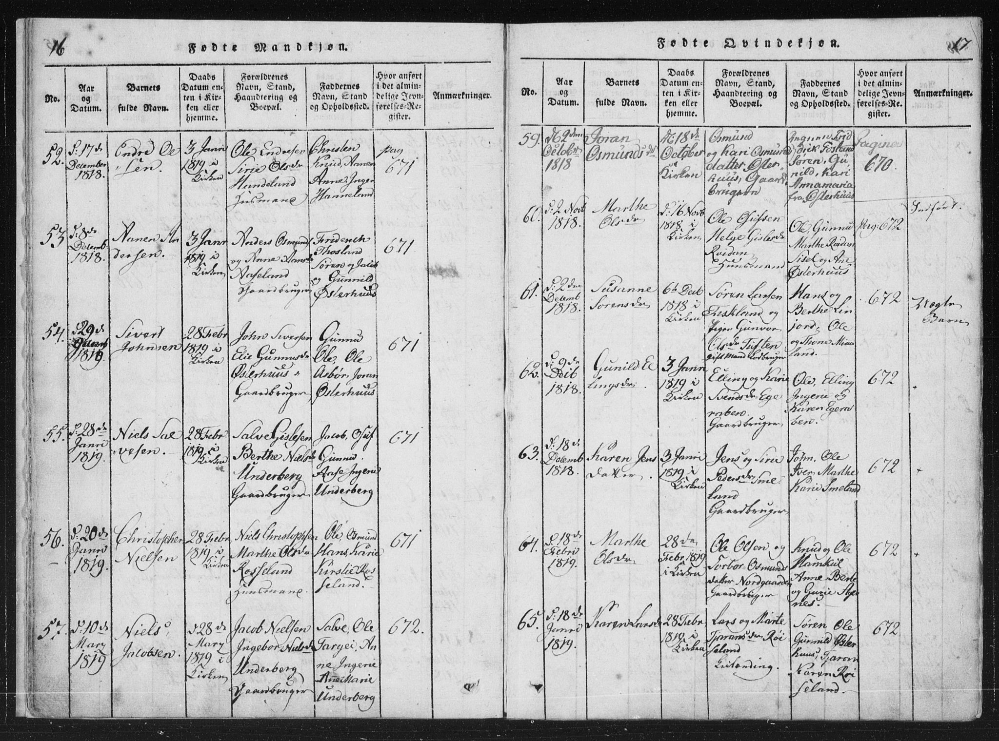 Åseral sokneprestkontor, SAK/1111-0051/F/Fa/L0001: Parish register (official) no. A 1, 1815-1853, p. 16-17