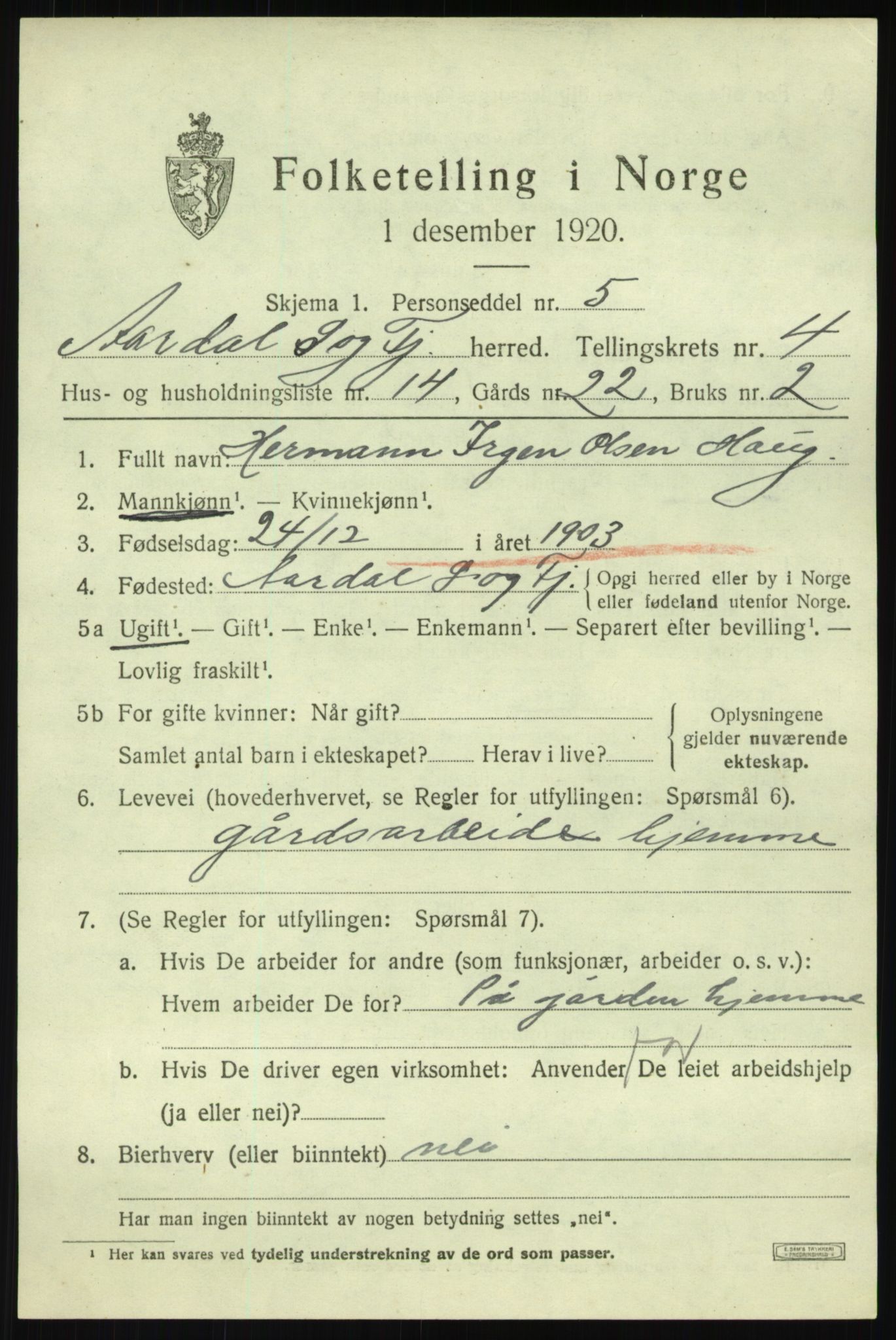 SAB, 1920 census for Årdal, 1920, p. 2769