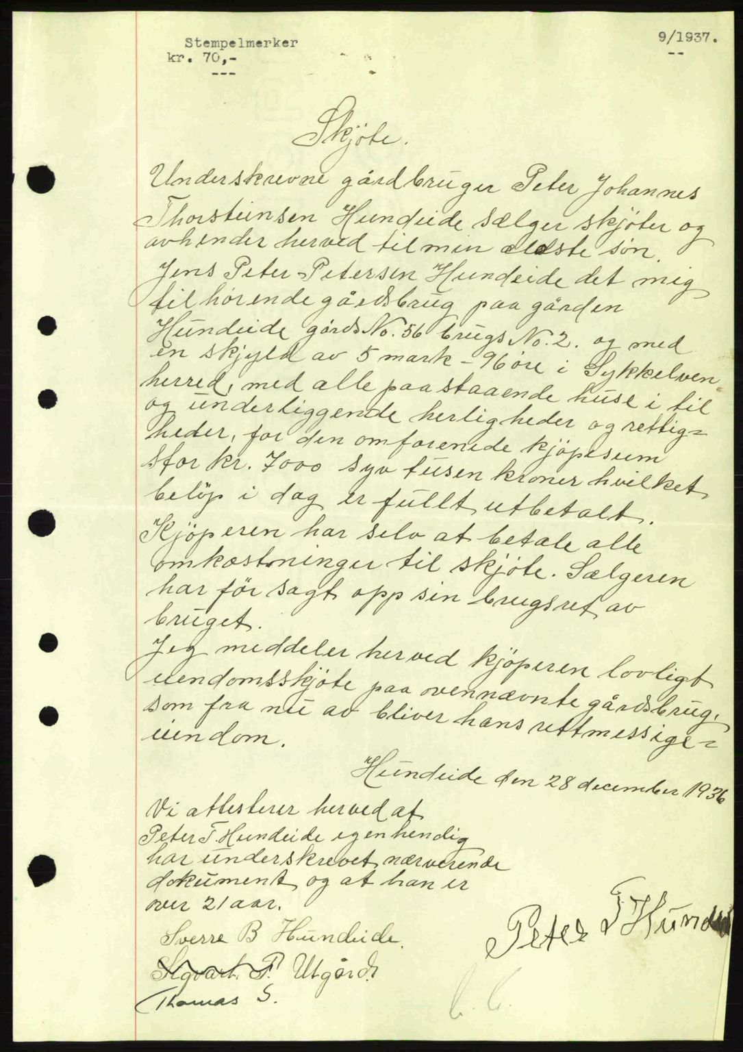 Nordre Sunnmøre sorenskriveri, AV/SAT-A-0006/1/2/2C/2Ca: Mortgage book no. A2, 1936-1937, Diary no: : 9/1937