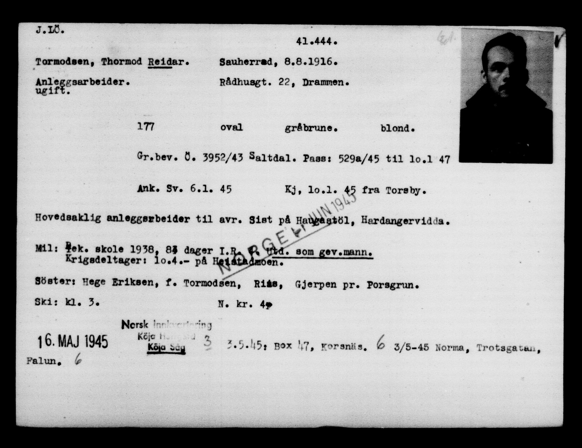 Utenriksstasjonene, Legasjonen i Stockholm, Flyktningkontoret, AV/RA-S-6753/V/Va/L0016: Kjesäterkartoteket, flyktninger med registreringsnr. 40700-43479, 1940-1945, p. 766