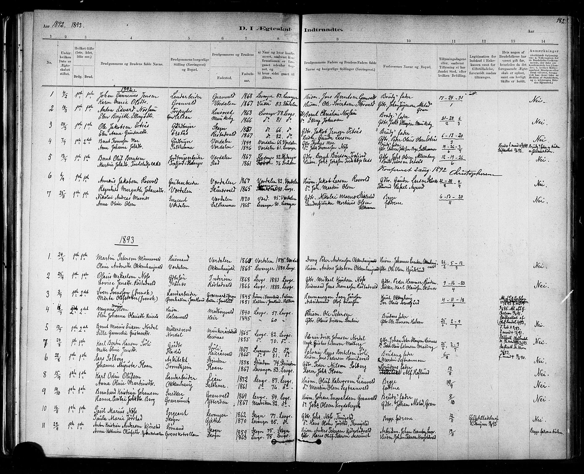 Ministerialprotokoller, klokkerbøker og fødselsregistre - Nord-Trøndelag, AV/SAT-A-1458/721/L0208: Parish register (copy) no. 721C01, 1880-1917, p. 182