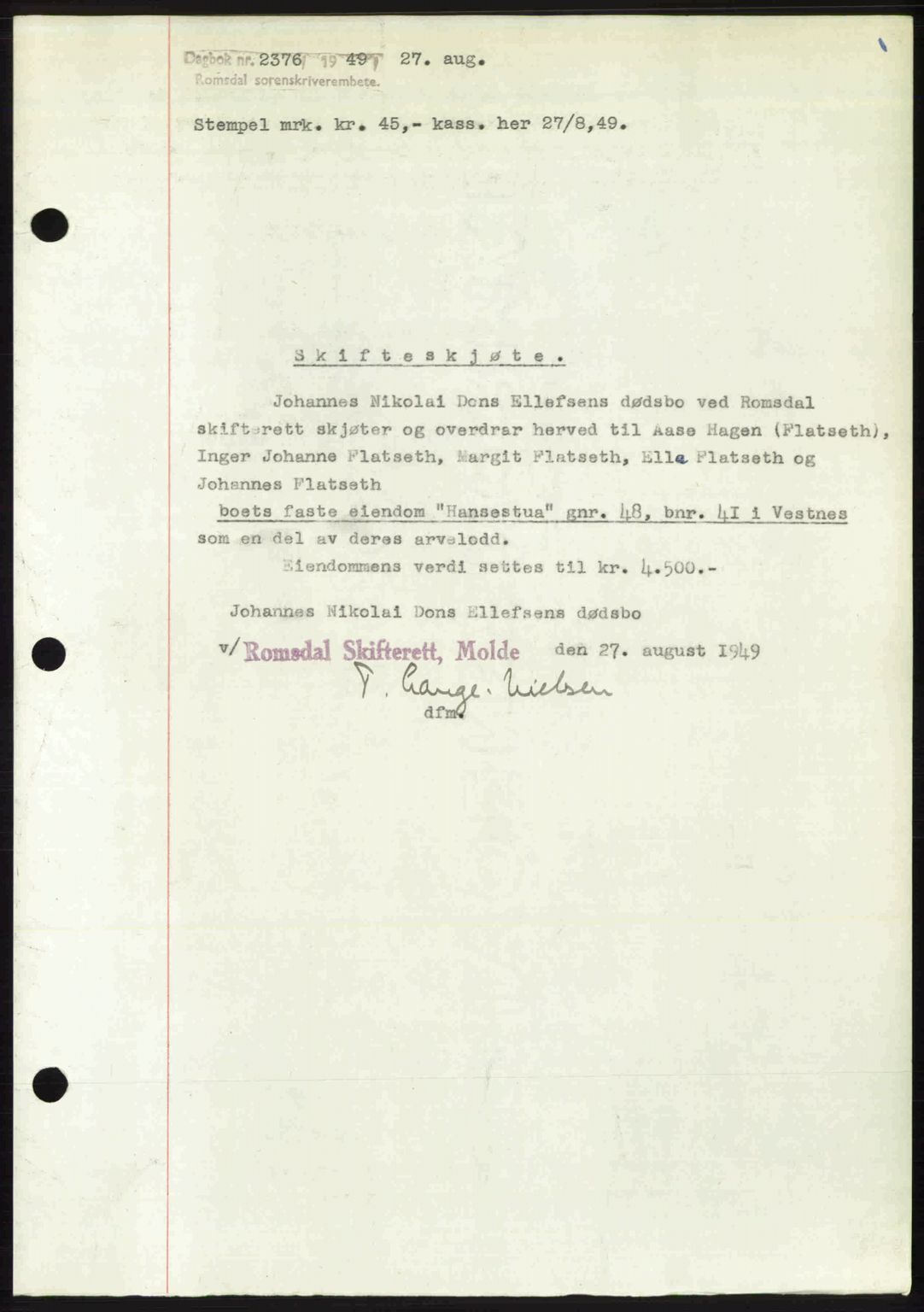 Romsdal sorenskriveri, AV/SAT-A-4149/1/2/2C: Mortgage book no. A30, 1949-1949, Diary no: : 2376/1949