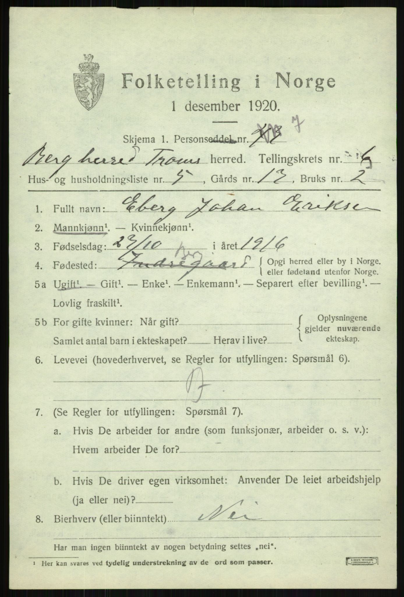 SATØ, 1920 census for Berg, 1920, p. 2137