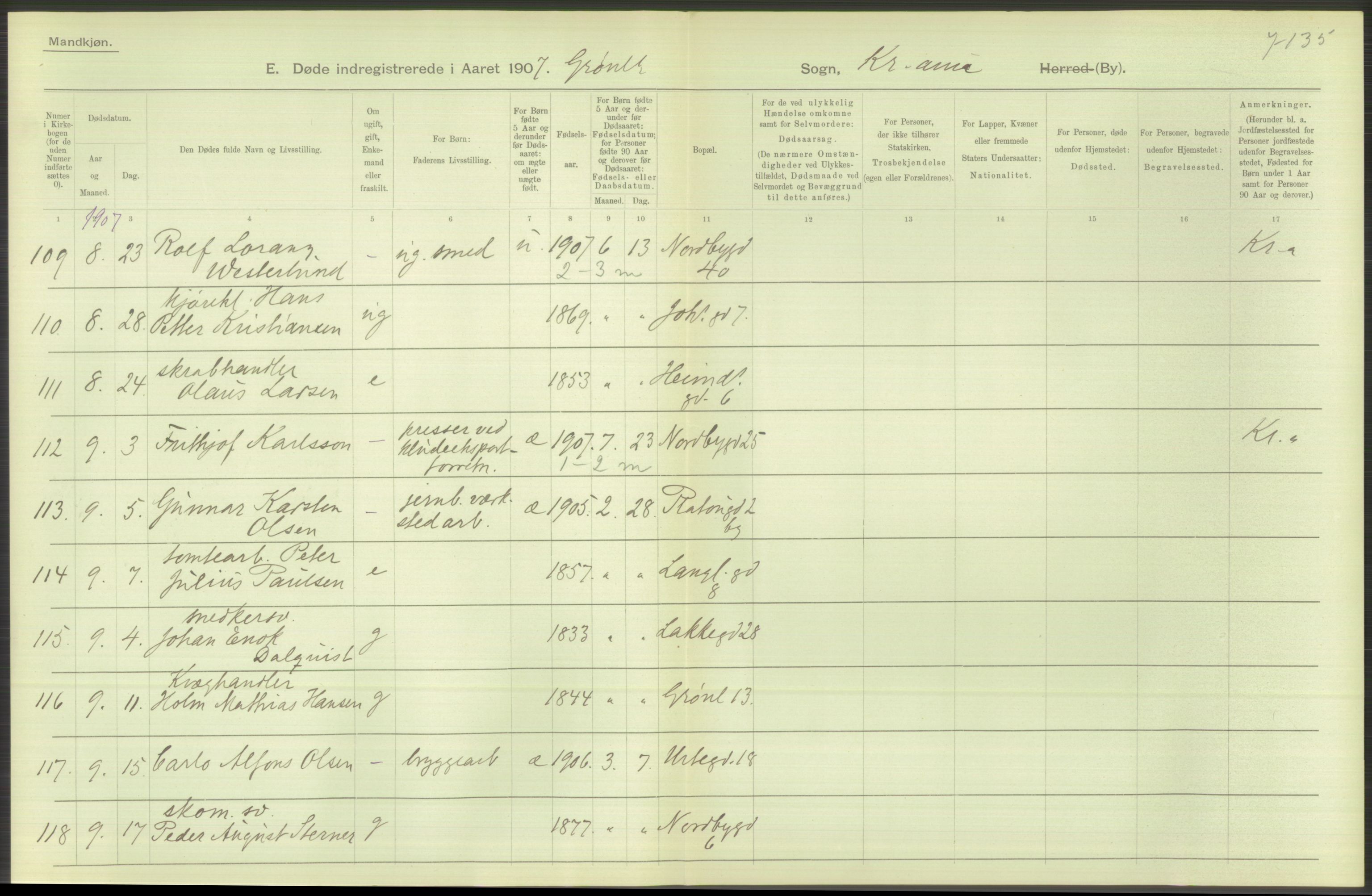 Statistisk sentralbyrå, Sosiodemografiske emner, Befolkning, AV/RA-S-2228/D/Df/Dfa/Dfae/L0010: Kristiania: Døde, dødfødte, 1907, p. 342