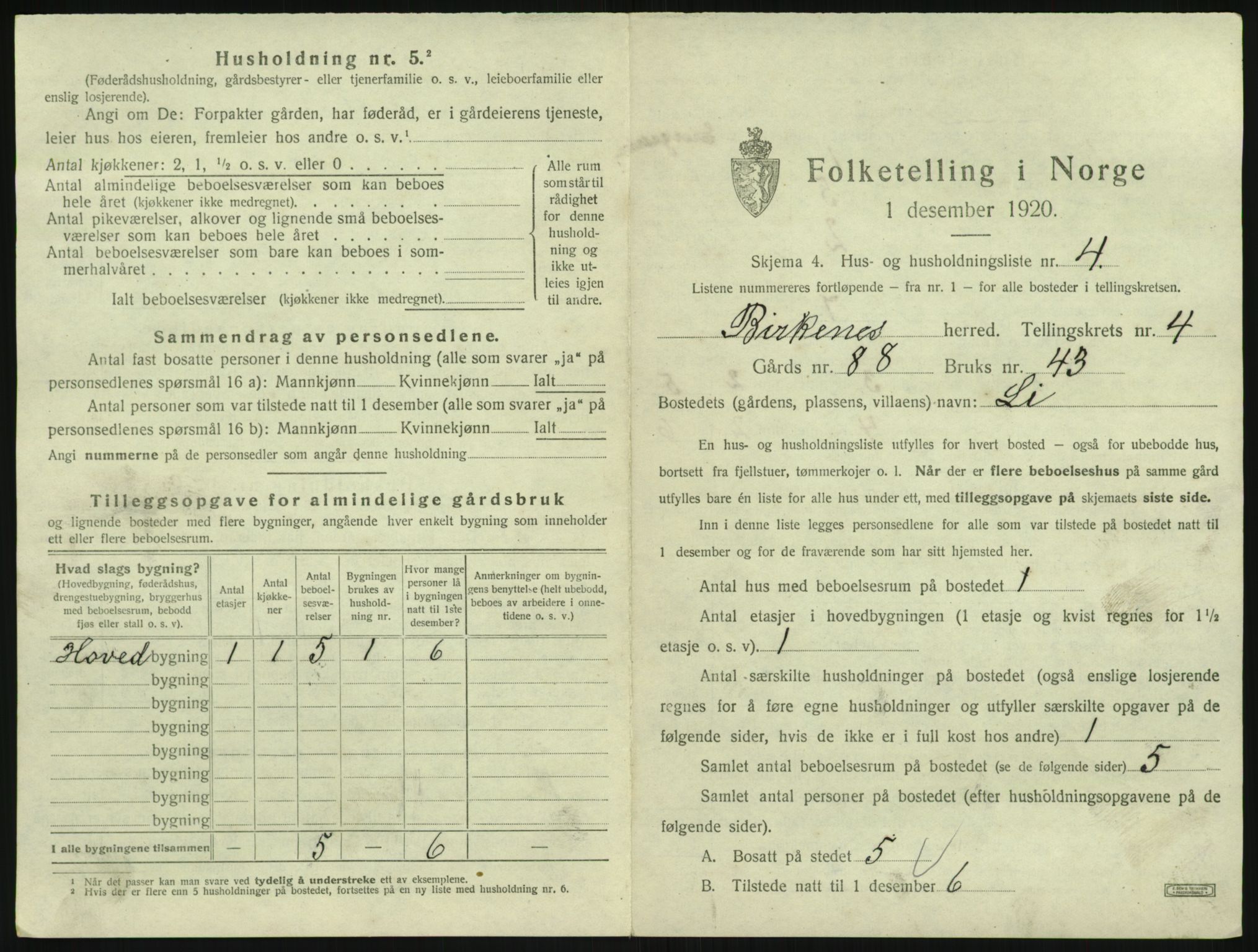 SAK, 1920 census for Birkenes, 1920, p. 253