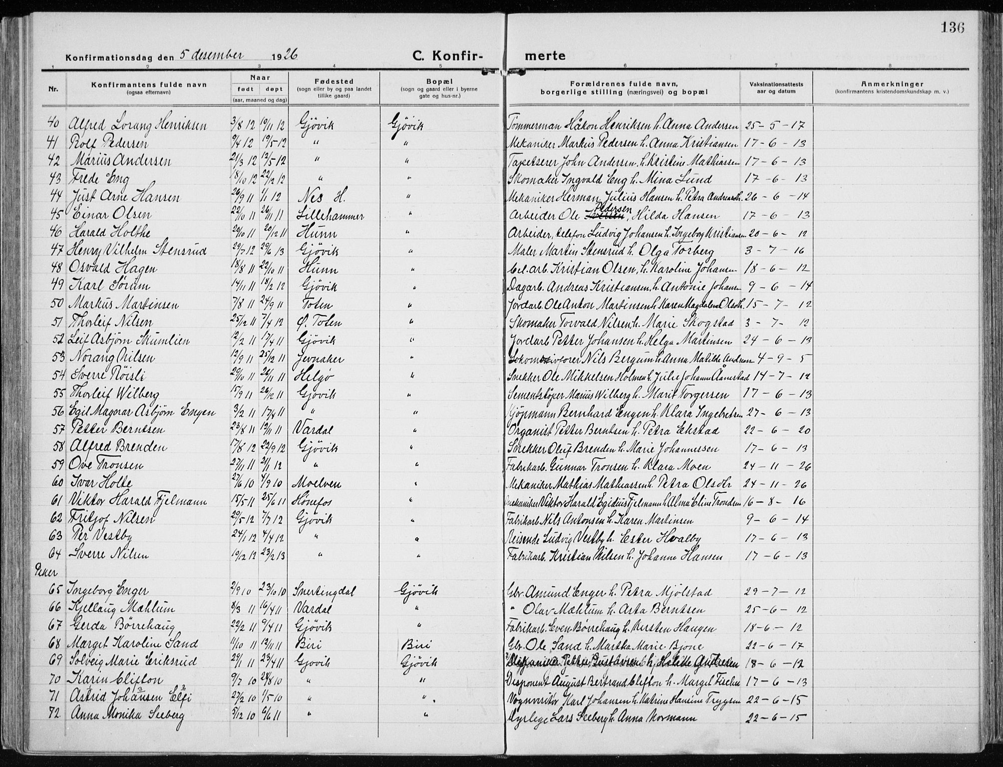 Vardal prestekontor, SAH/PREST-100/H/Ha/Haa/L0015: Parish register (official) no. 15, 1923-1937, p. 136