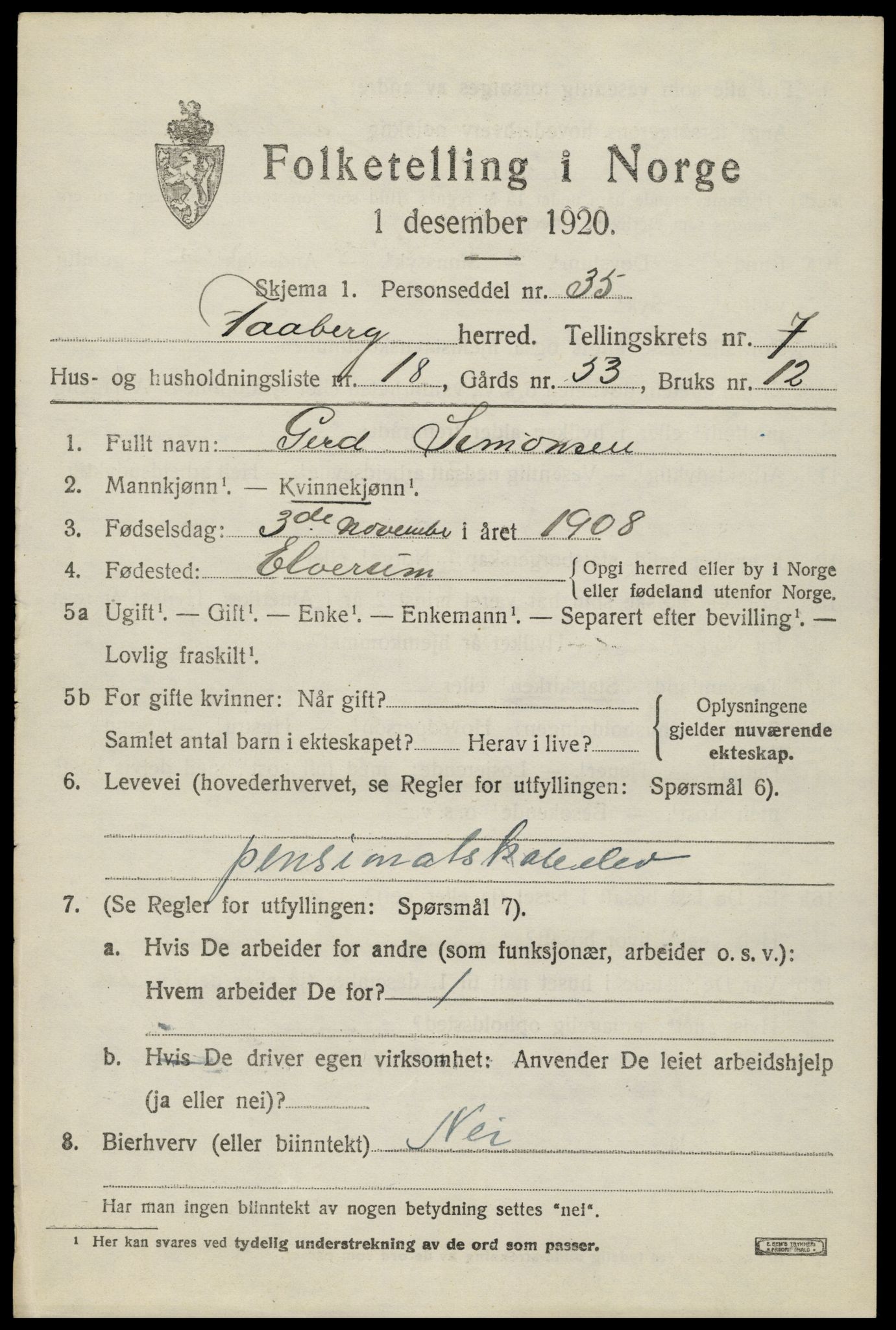SAH, 1920 census for Fåberg, 1920, p. 8138