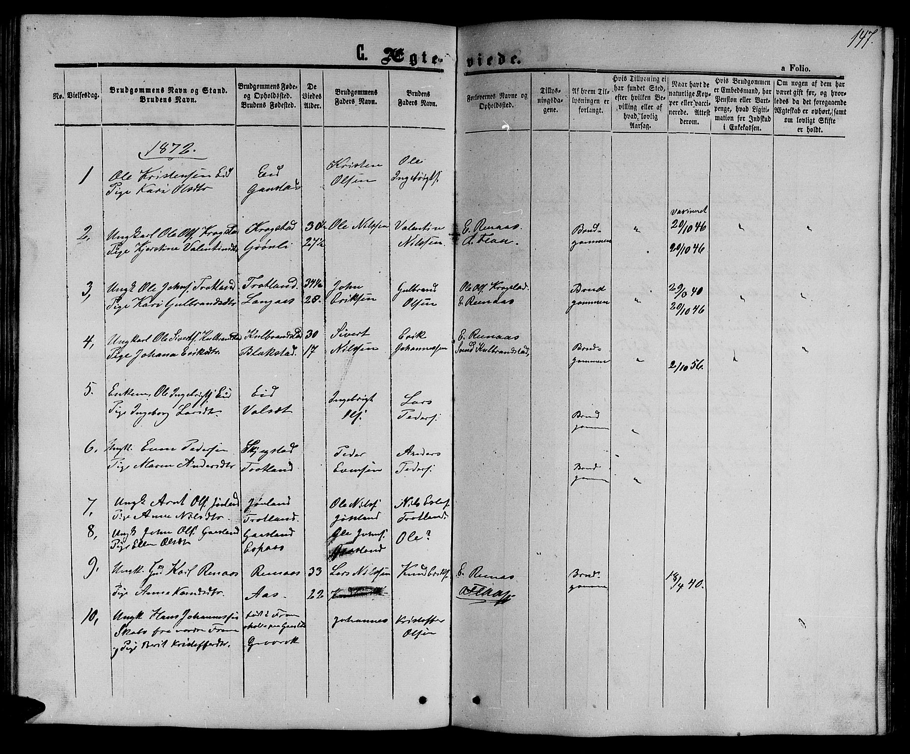Ministerialprotokoller, klokkerbøker og fødselsregistre - Sør-Trøndelag, SAT/A-1456/694/L1131: Parish register (copy) no. 694C03, 1858-1886, p. 147