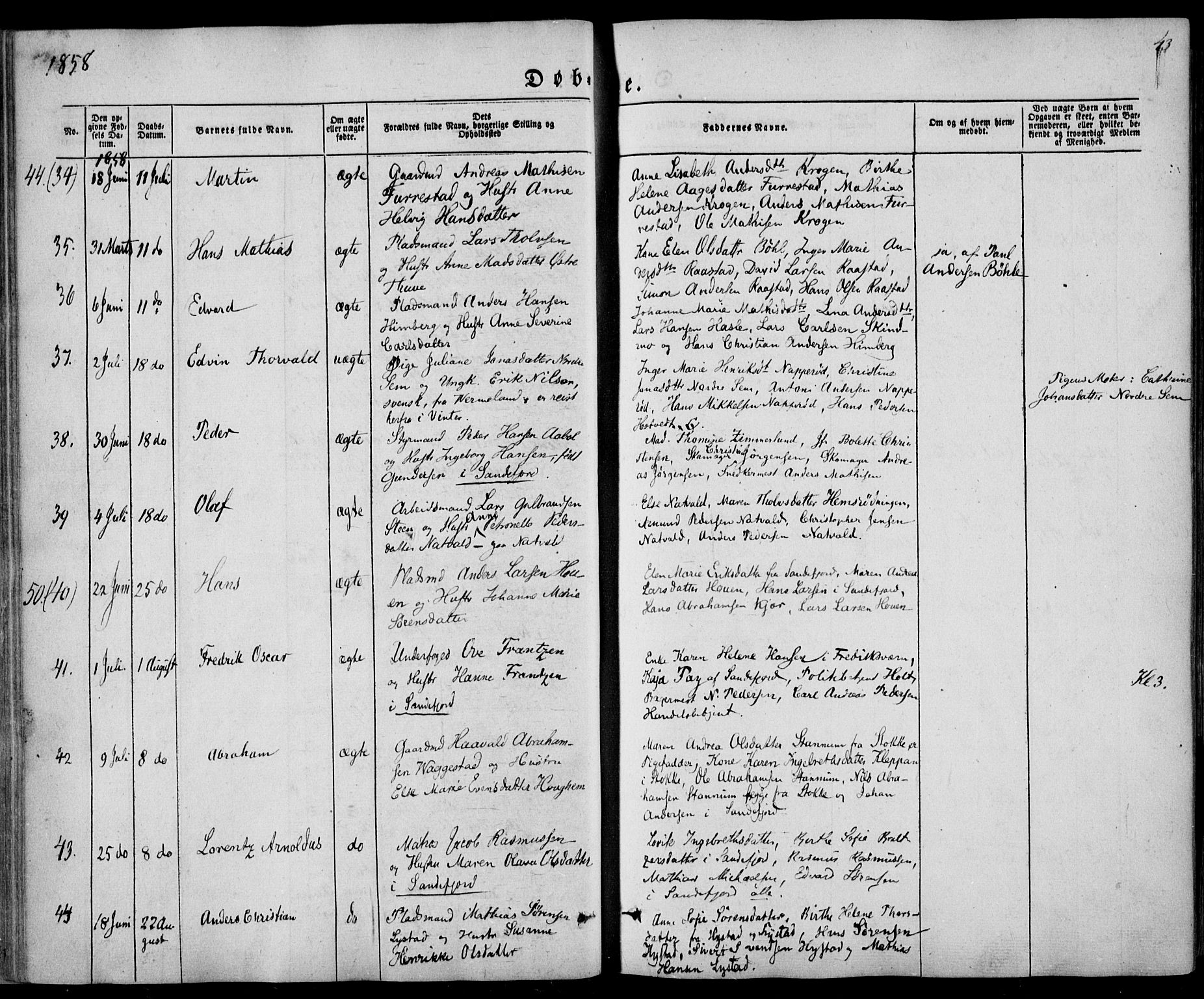 Sandar kirkebøker, SAKO/A-243/F/Fa/L0007: Parish register (official) no. 7, 1855-1861, p. 43
