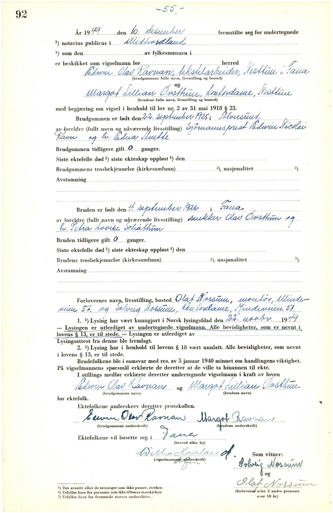 Midhordland sorenskriveri, SAB/A-3001/1/M/Mc/Mca/L0008: Vigselbok, 1948-1952, p. 92