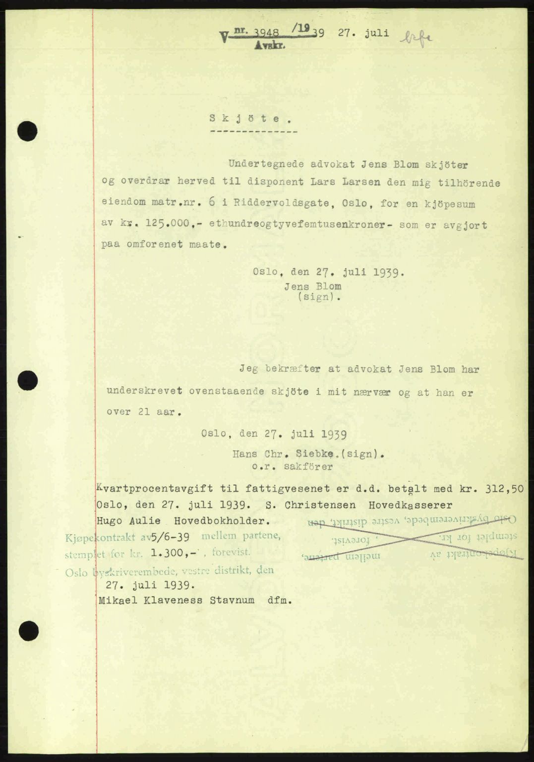 Oslo byskriverembete, AV/SAO-A-10227/G/Gb/Gbb/Gbbb/L0004: Mortgage book no. VA4, 1939-1939, Diary no: : 3948/1939