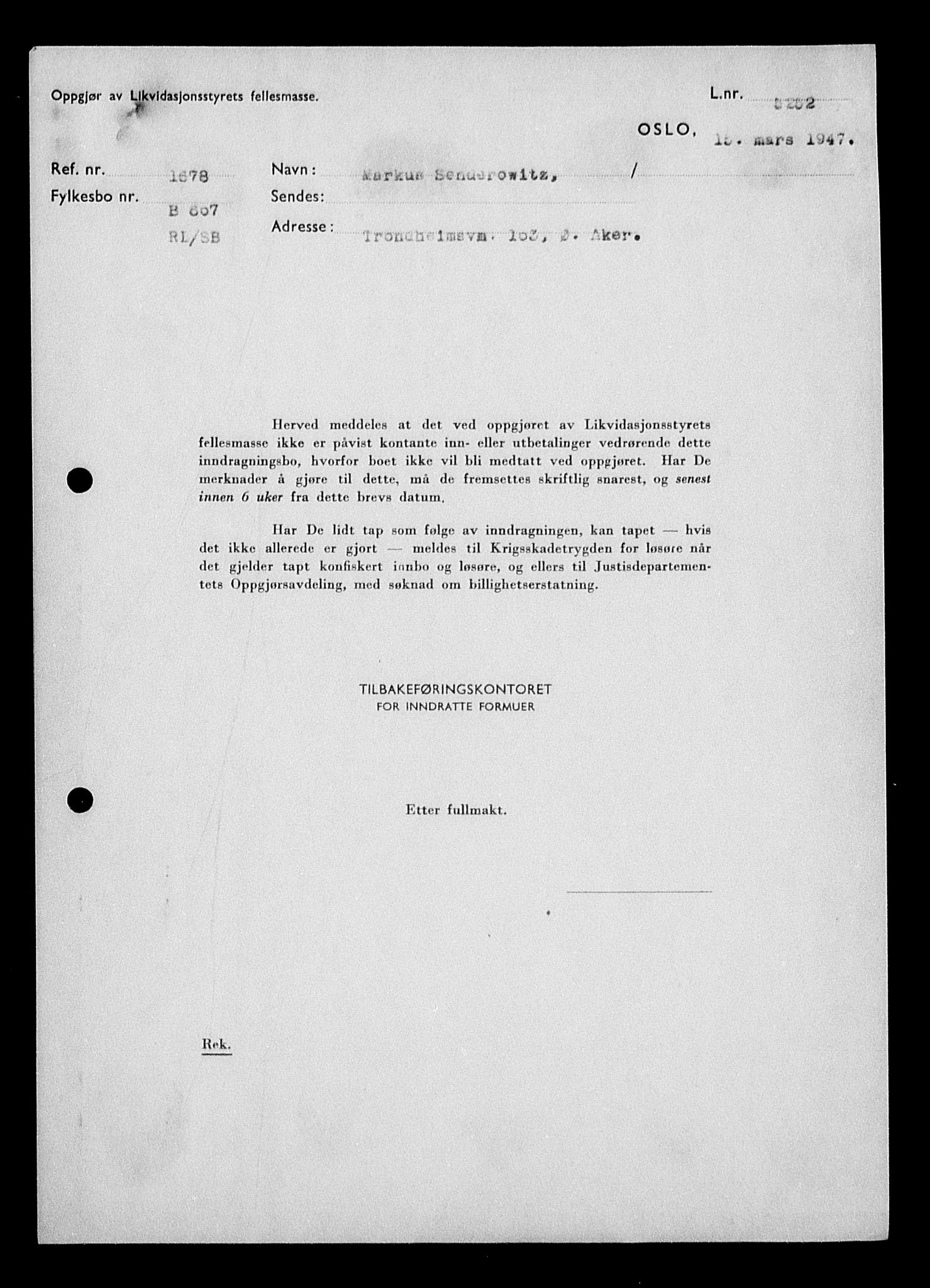 Justisdepartementet, Tilbakeføringskontoret for inndratte formuer, RA/S-1564/H/Hc/Hcc/L0981: --, 1945-1947, p. 435