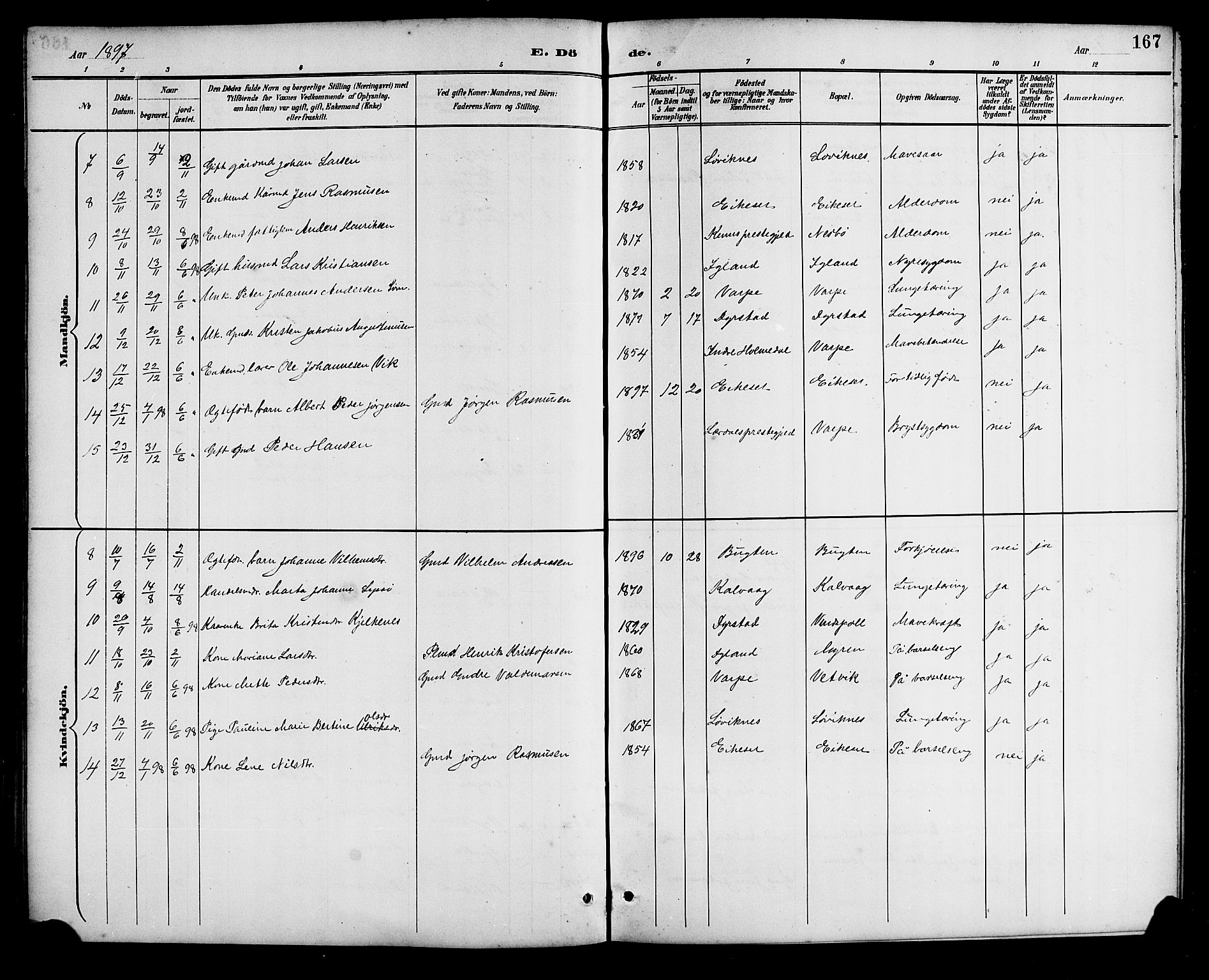 Bremanger sokneprestembete, AV/SAB-A-82201/H/Hab/Haba/L0003: Parish register (copy) no. A 3, 1890-1908, p. 167