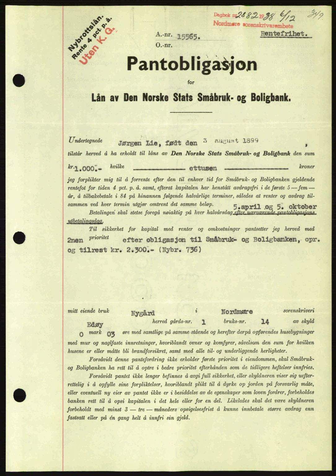 Nordmøre sorenskriveri, SAT/A-4132/1/2/2Ca: Mortgage book no. B84, 1938-1939, Diary no: : 2882/1938