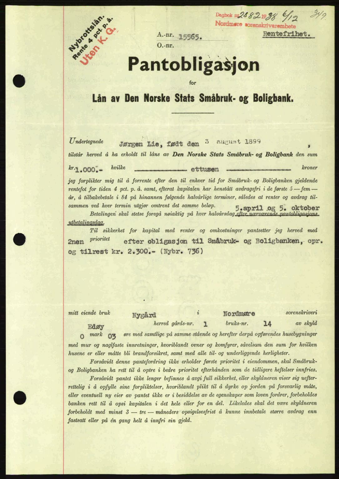 Nordmøre sorenskriveri, AV/SAT-A-4132/1/2/2Ca: Mortgage book no. B84, 1938-1939, Diary no: : 2882/1938