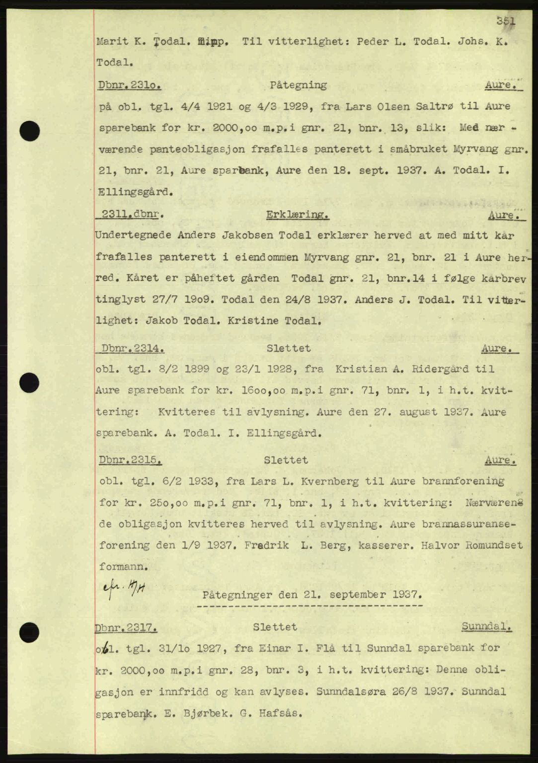 Nordmøre sorenskriveri, AV/SAT-A-4132/1/2/2Ca: Mortgage book no. C80, 1936-1939, Diary no: : 2310/1937