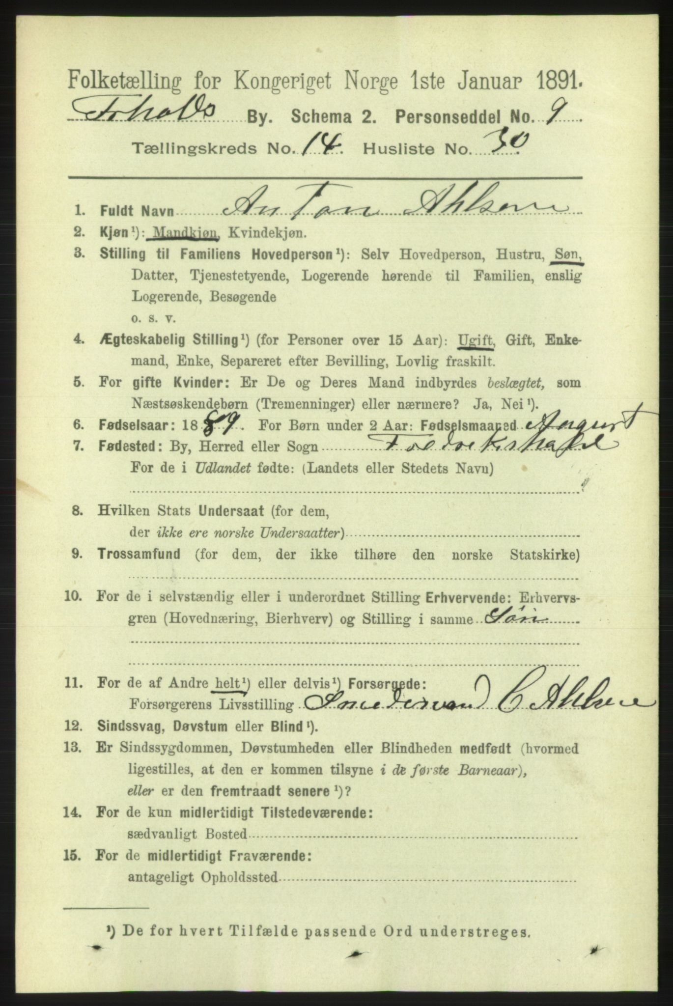 RA, 1891 census for 0101 Fredrikshald, 1891, p. 9434