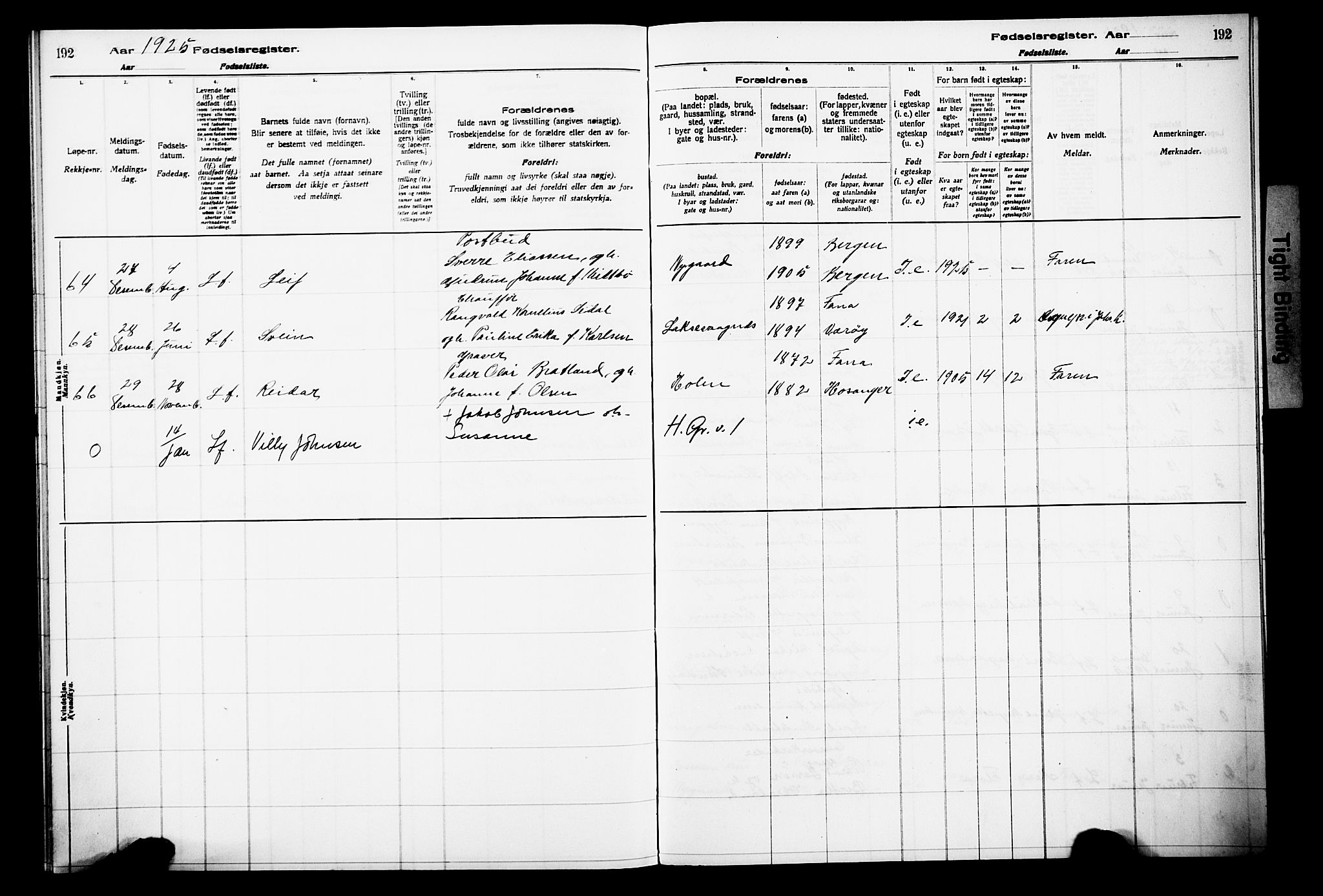 Laksevåg Sokneprestembete, AV/SAB-A-76501/I/Id/L00A1: Birth register no. A 1, 1916-1926, p. 192