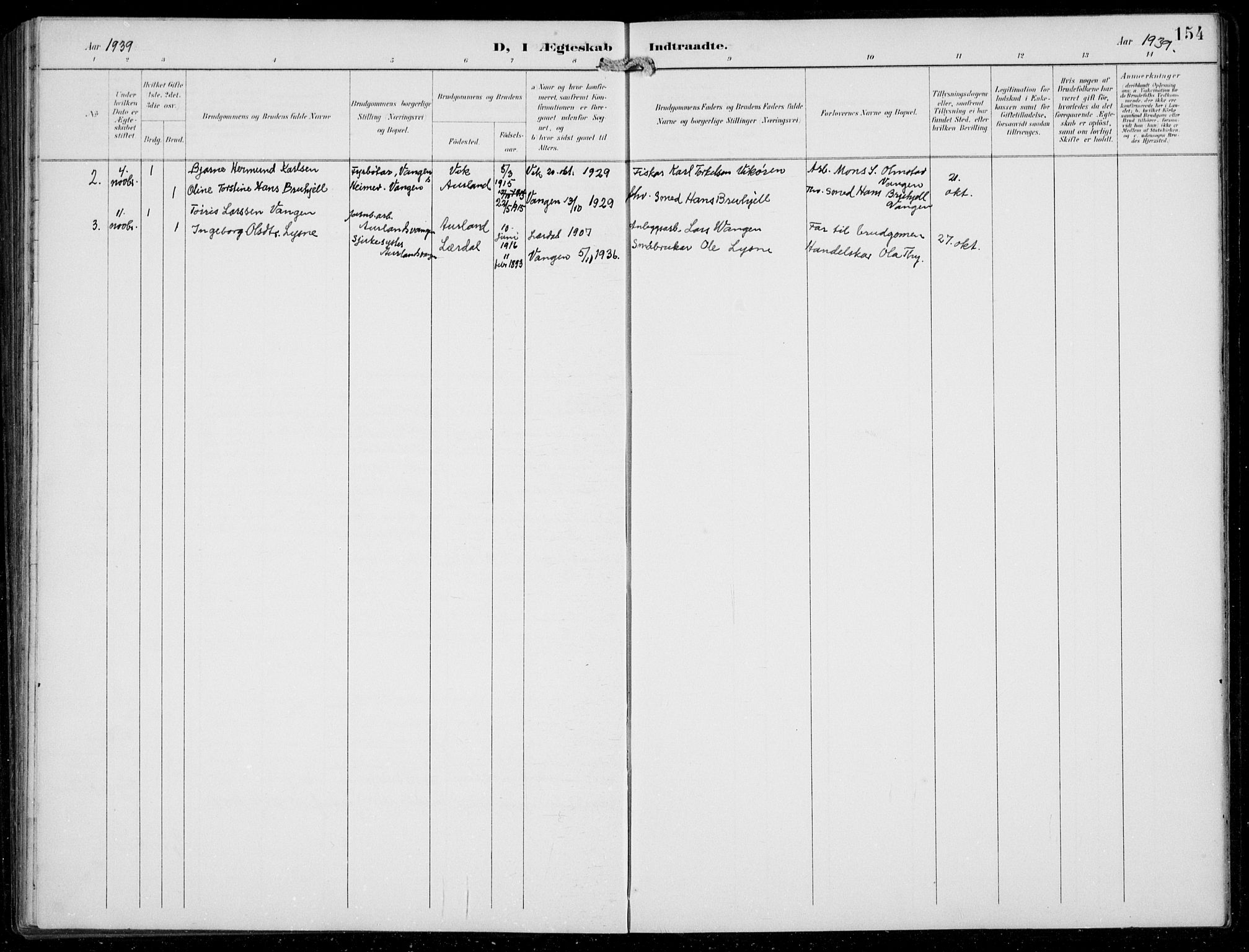 Aurland sokneprestembete, SAB/A-99937/H/Hb/Hba/L0003: Parish register (copy) no. A 3, 1896-1939, p. 154