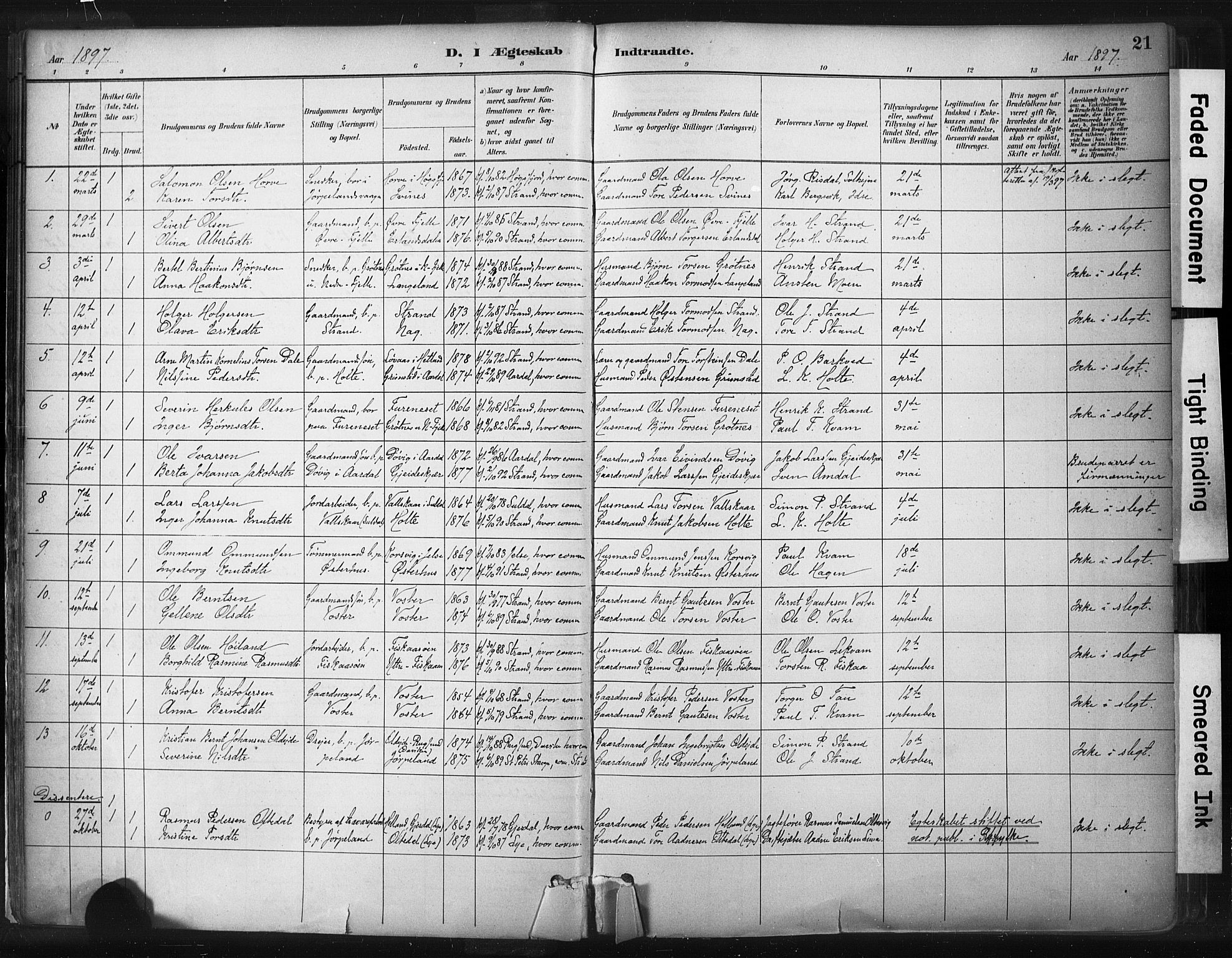 Strand sokneprestkontor, SAST/A-101828/H/Ha/Haa/L0010: Parish register (official) no. A 10, 1882-1929, p. 21