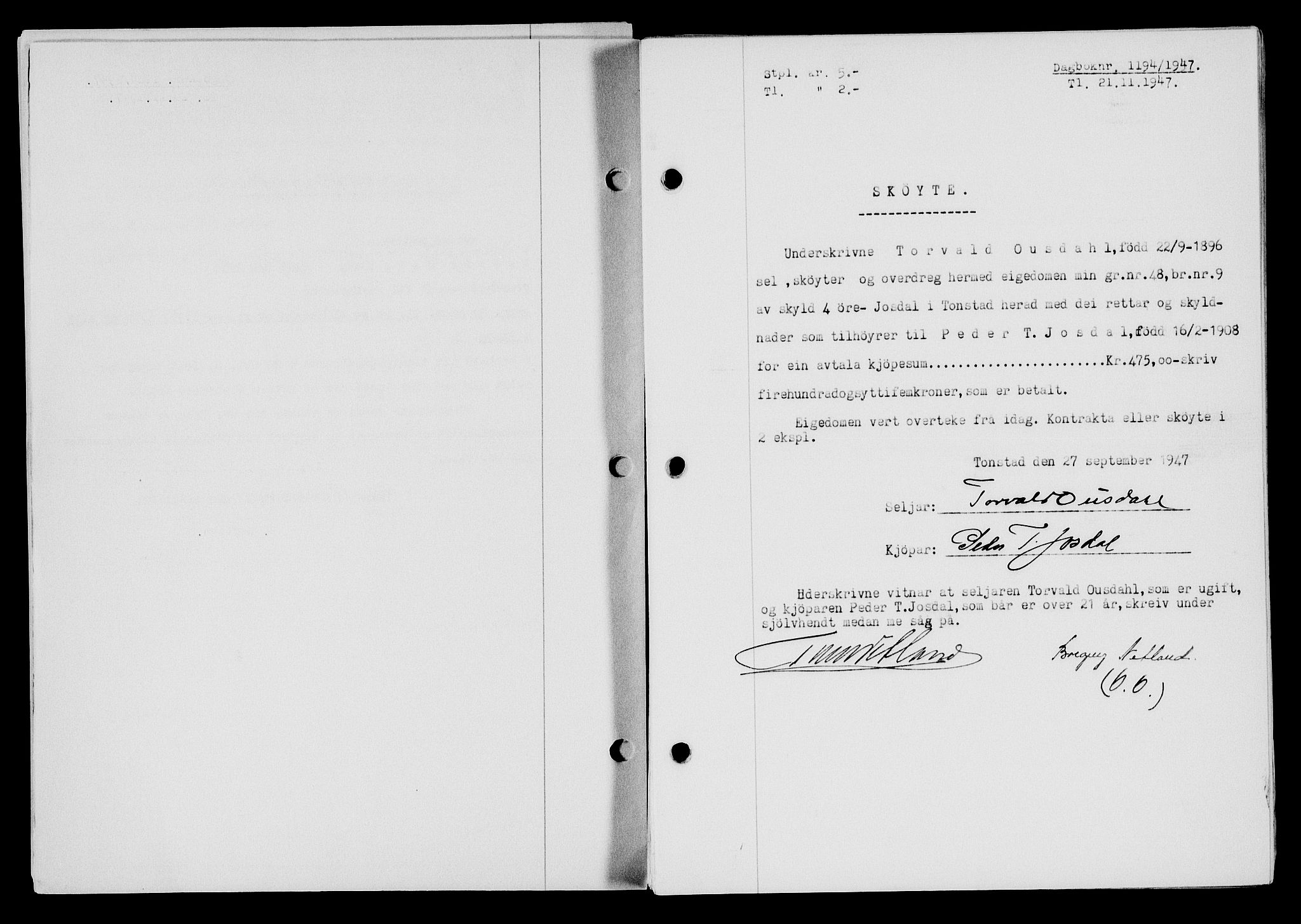 Flekkefjord sorenskriveri, AV/SAK-1221-0001/G/Gb/Gba/L0063: Mortgage book no. A-11, 1947-1948, Diary no: : 1194/1947