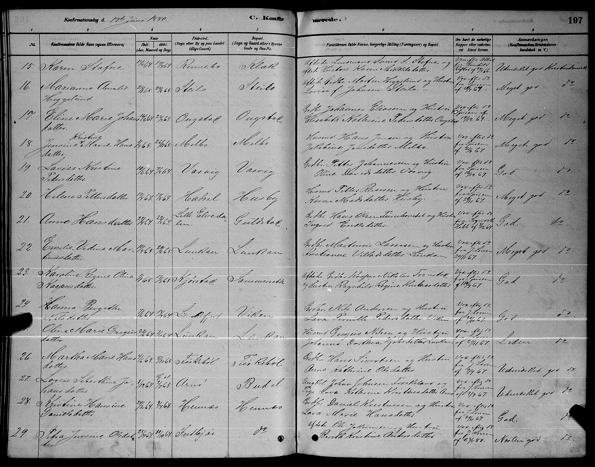 Ministerialprotokoller, klokkerbøker og fødselsregistre - Nordland, AV/SAT-A-1459/888/L1267: Parish register (copy) no. 888C05, 1878-1890, p. 197