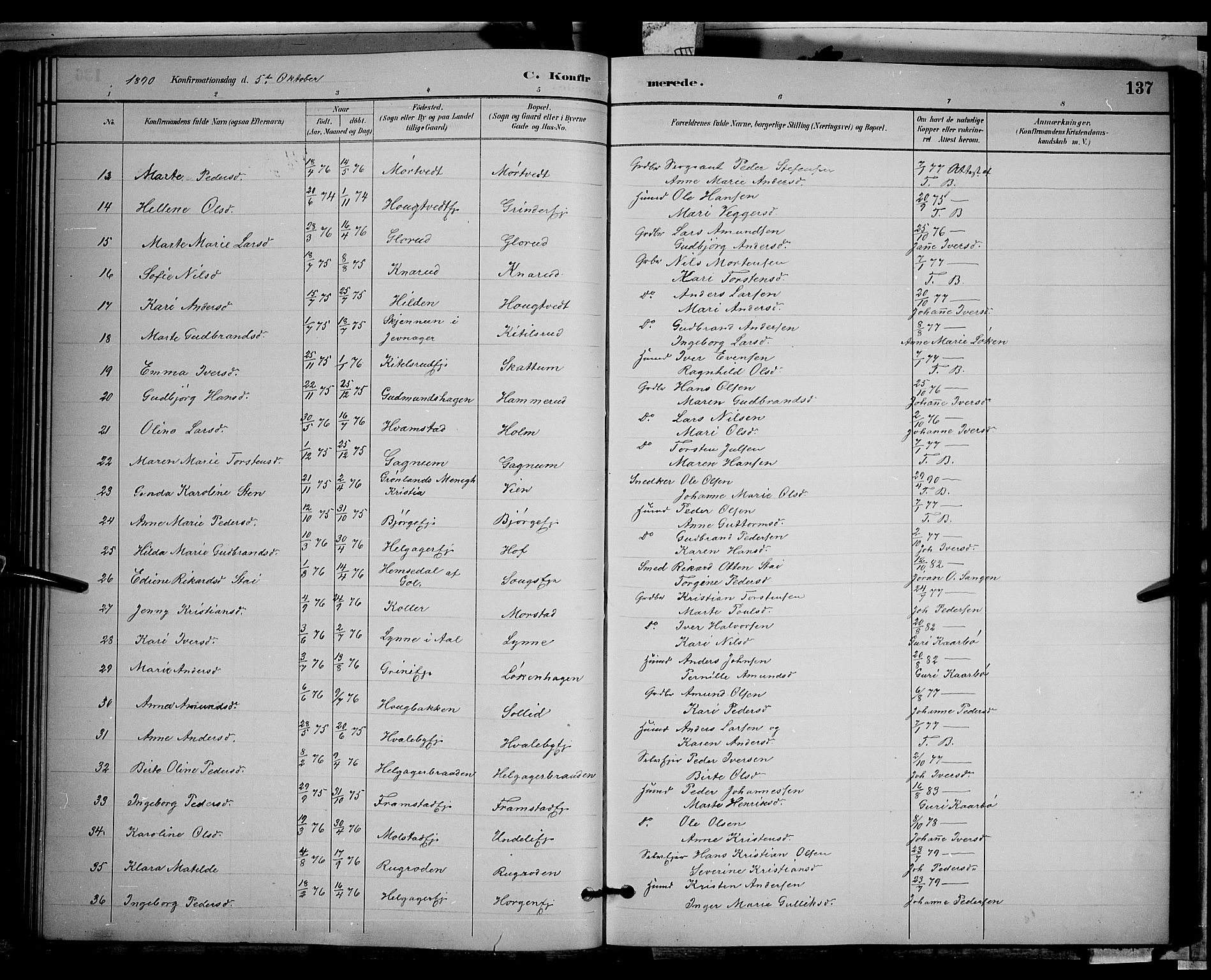 Gran prestekontor, AV/SAH-PREST-112/H/Ha/Hab/L0002: Parish register (copy) no. 2, 1879-1892, p. 137