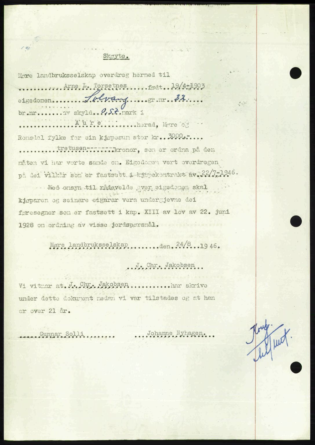 Nordmøre sorenskriveri, AV/SAT-A-4132/1/2/2Ca: Mortgage book no. A113, 1949-1950, Diary no: : 3408/1949