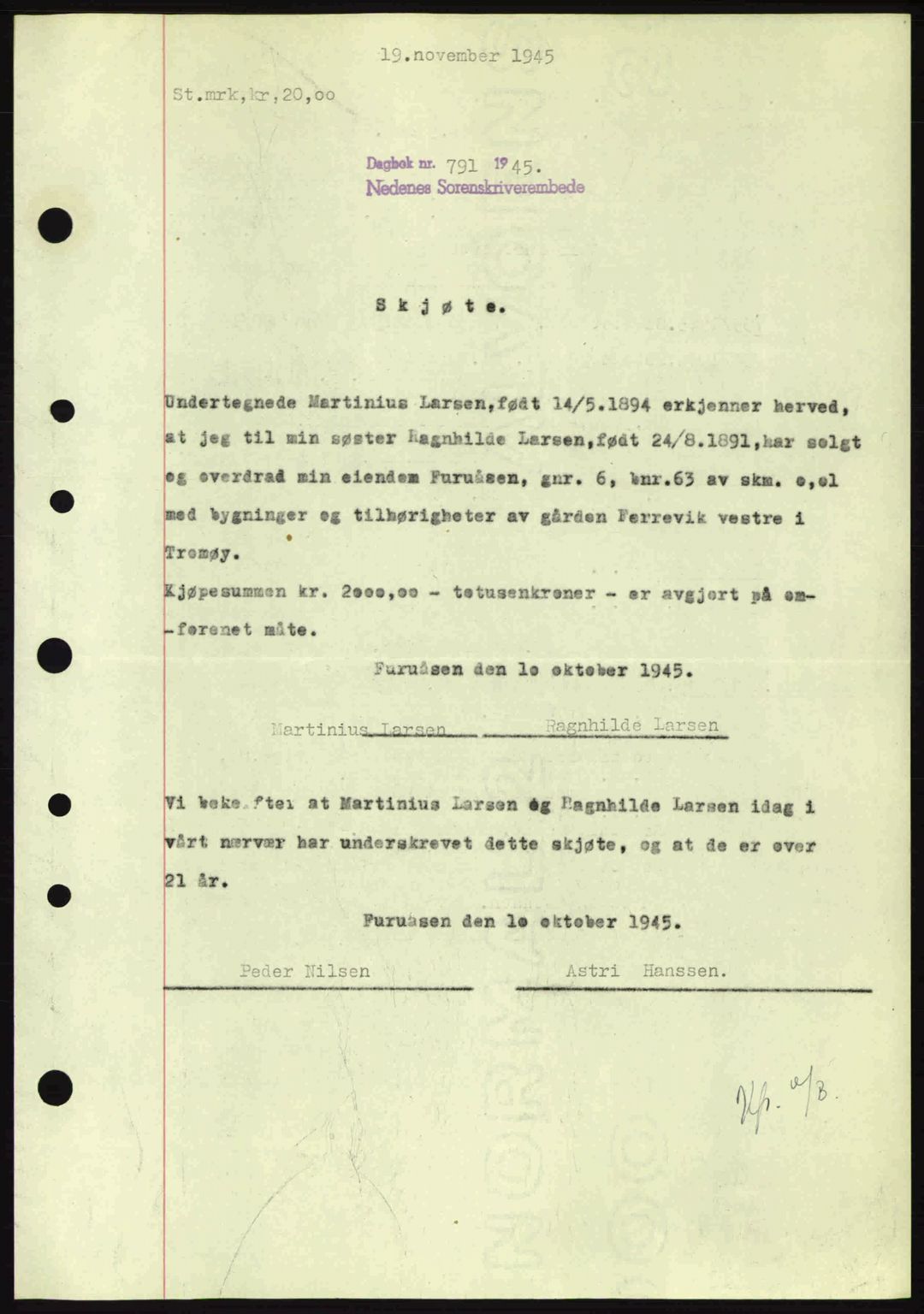 Nedenes sorenskriveri, SAK/1221-0006/G/Gb/Gba/L0053: Mortgage book no. A6b, 1945-1945, Diary no: : 791/1945