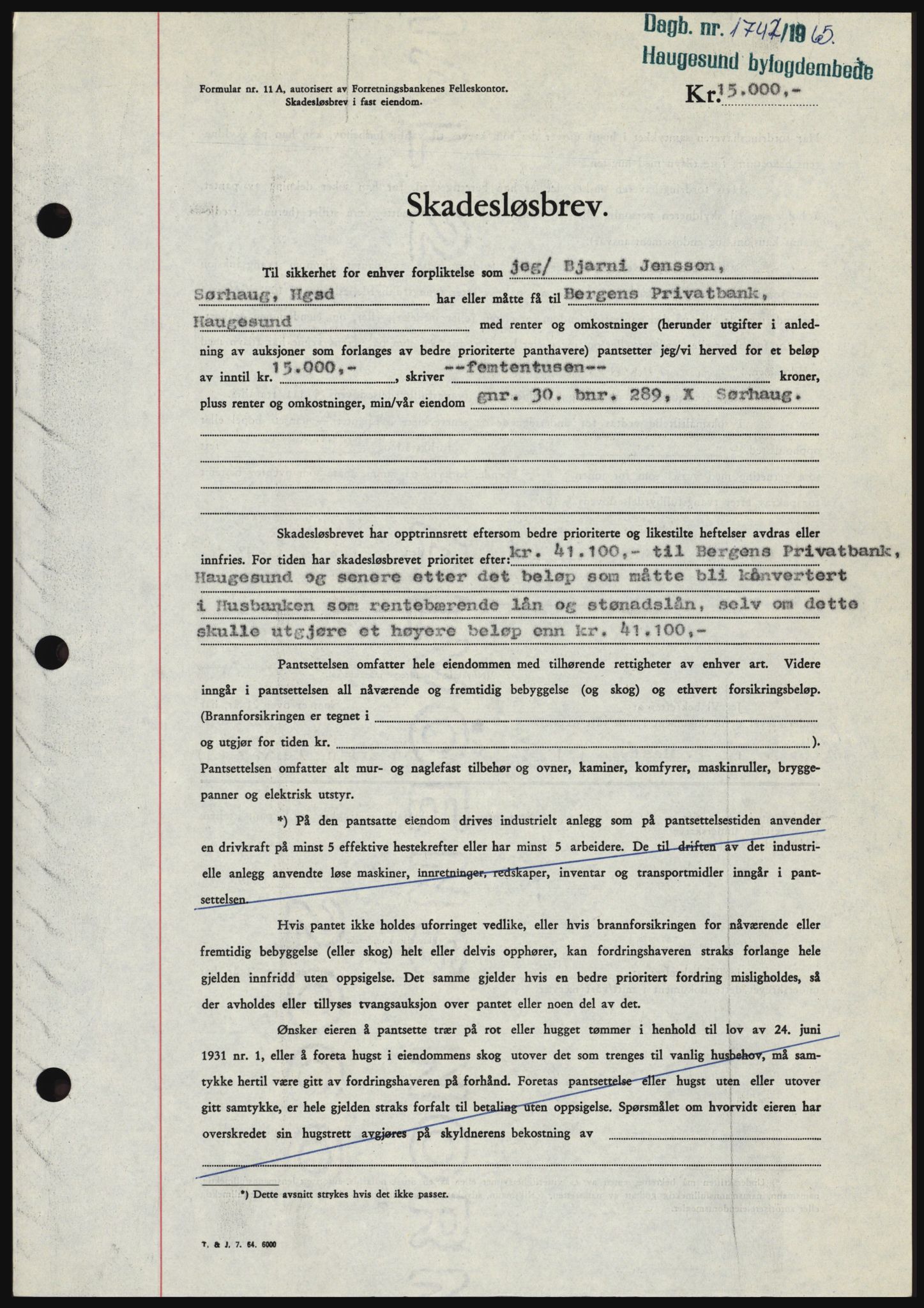 Haugesund tingrett, SAST/A-101415/01/II/IIC/L0053: Mortgage book no. B 53, 1965-1965, Diary no: : 1742/1965