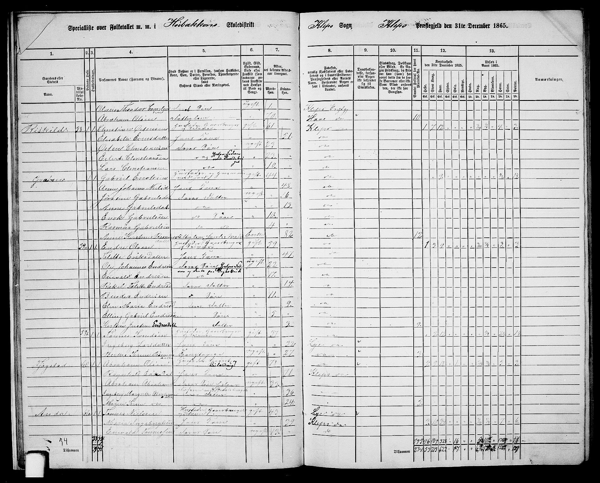 RA, 1865 census for Klepp, 1865, p. 16