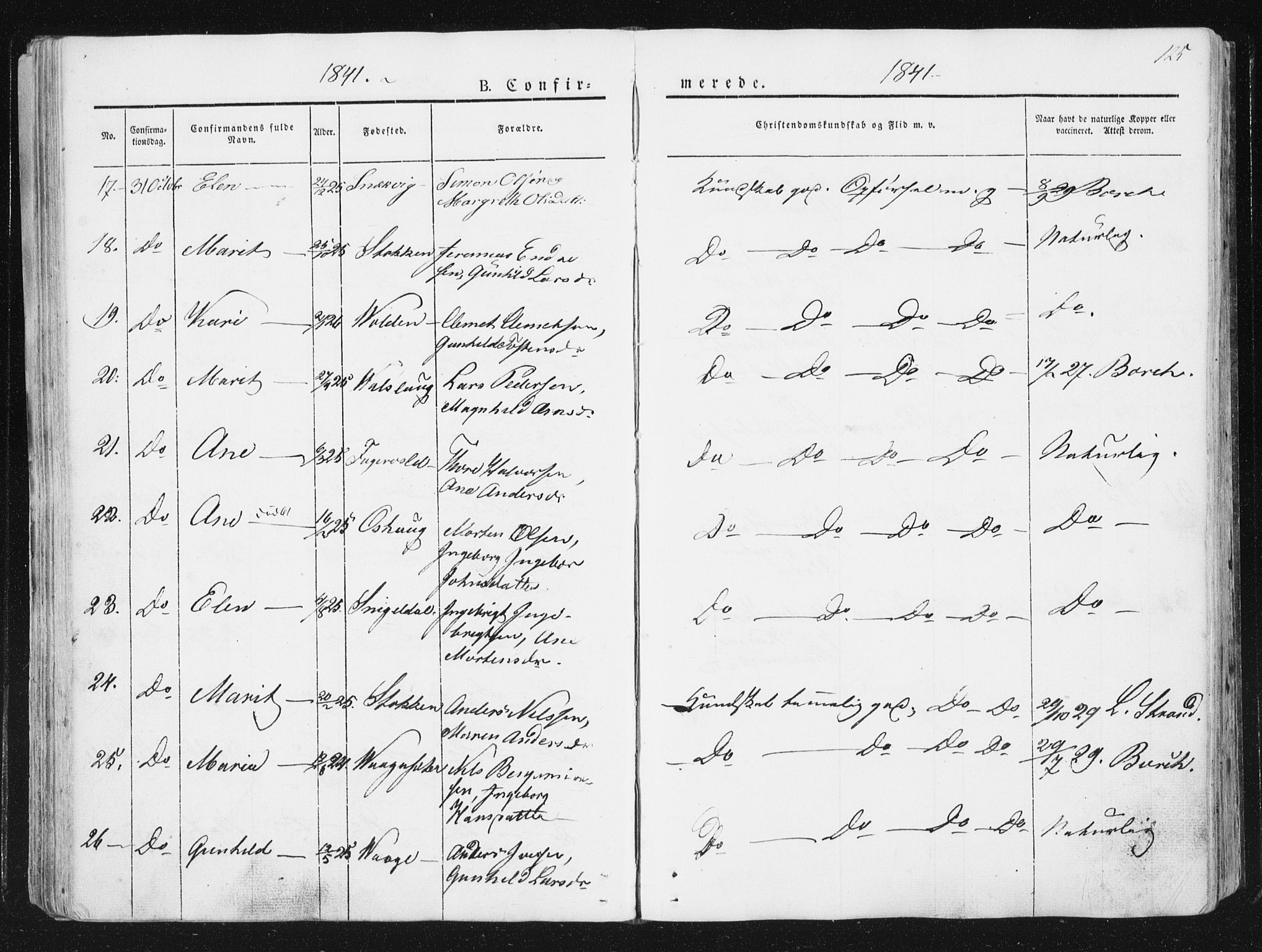 Ministerialprotokoller, klokkerbøker og fødselsregistre - Sør-Trøndelag, AV/SAT-A-1456/630/L0493: Parish register (official) no. 630A06, 1841-1851, p. 125