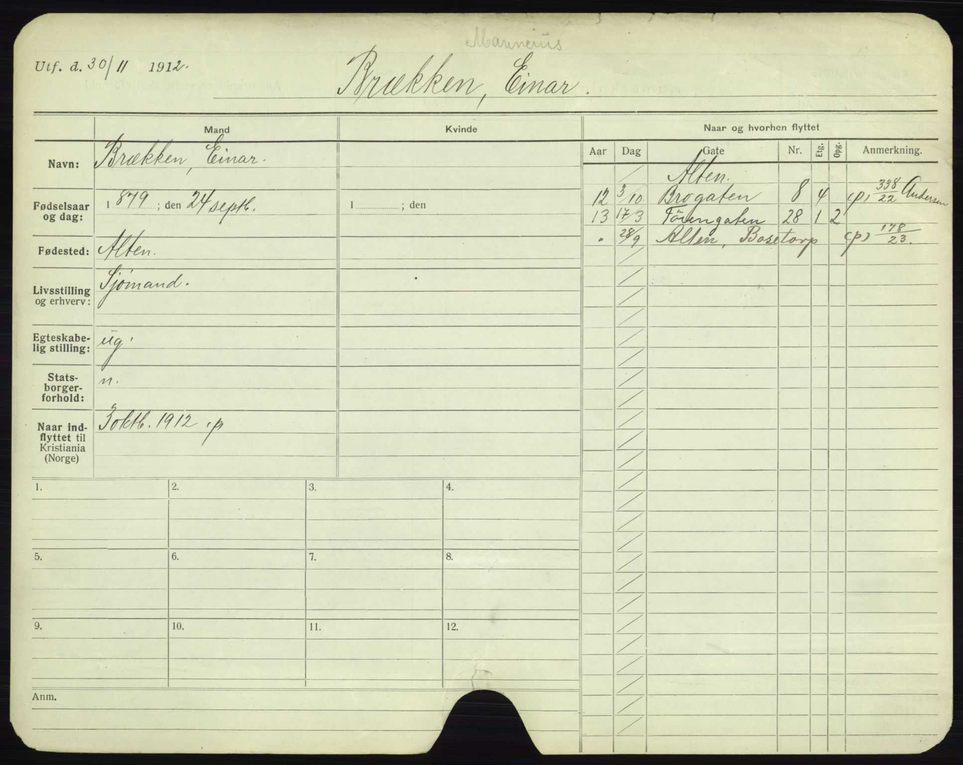 Oslo folkeregister, Registerkort, AV/SAO-A-11715/F/Fa/Fac/L0002: Menn, 1906-1914, p. 277a