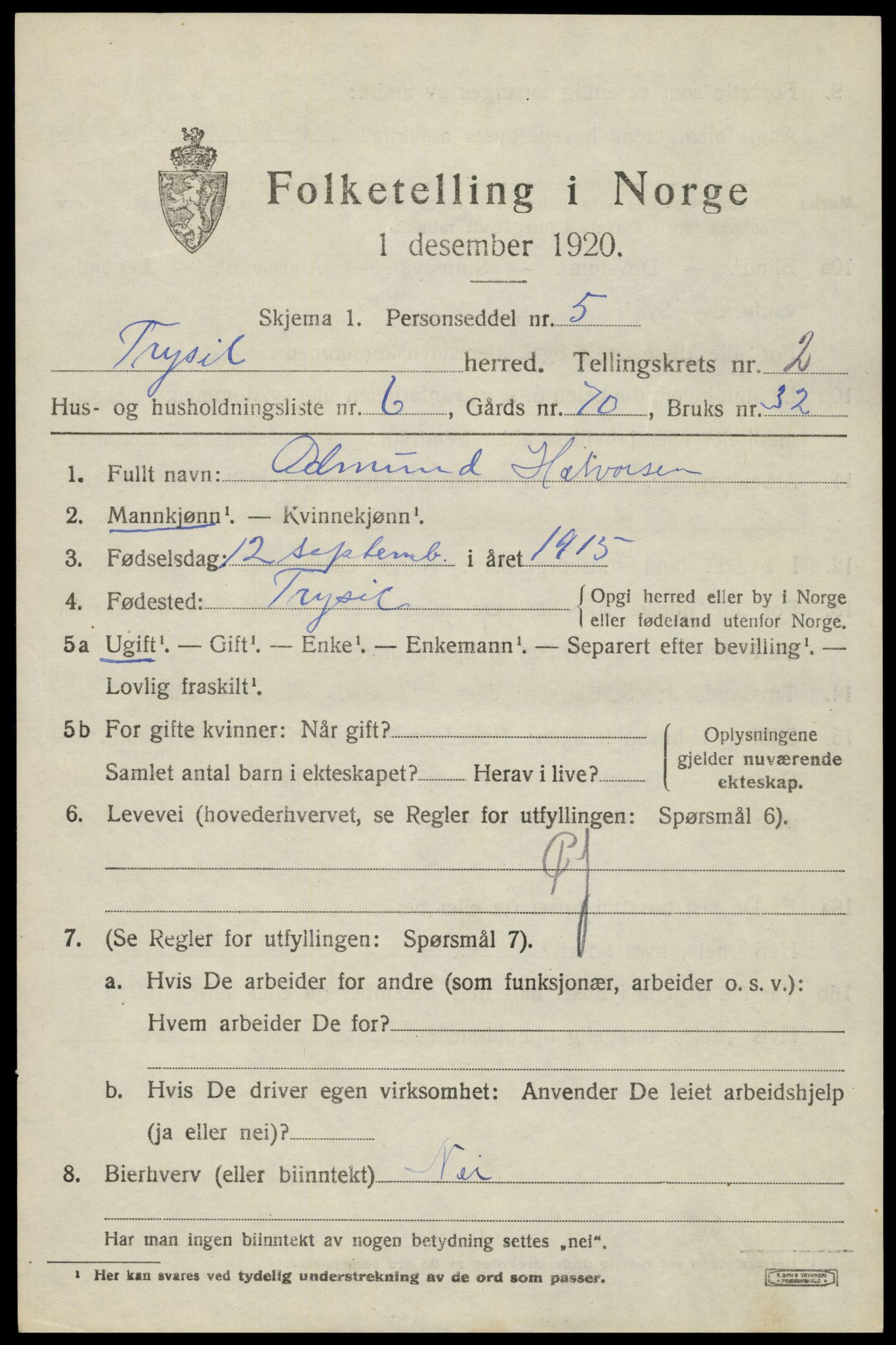SAH, 1920 census for Trysil, 1920, p. 3151