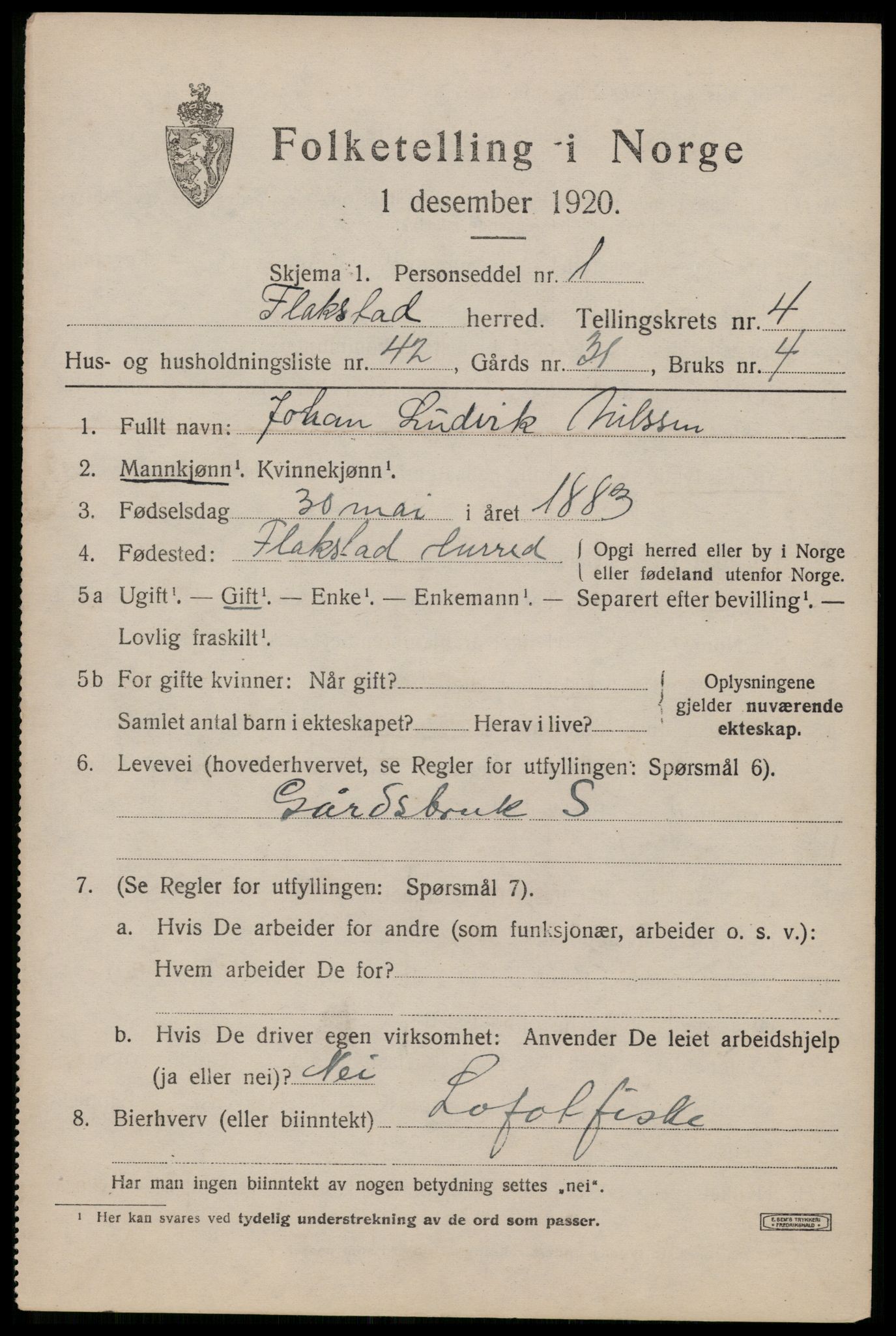 SAT, 1920 census for Flakstad, 1920, p. 3393