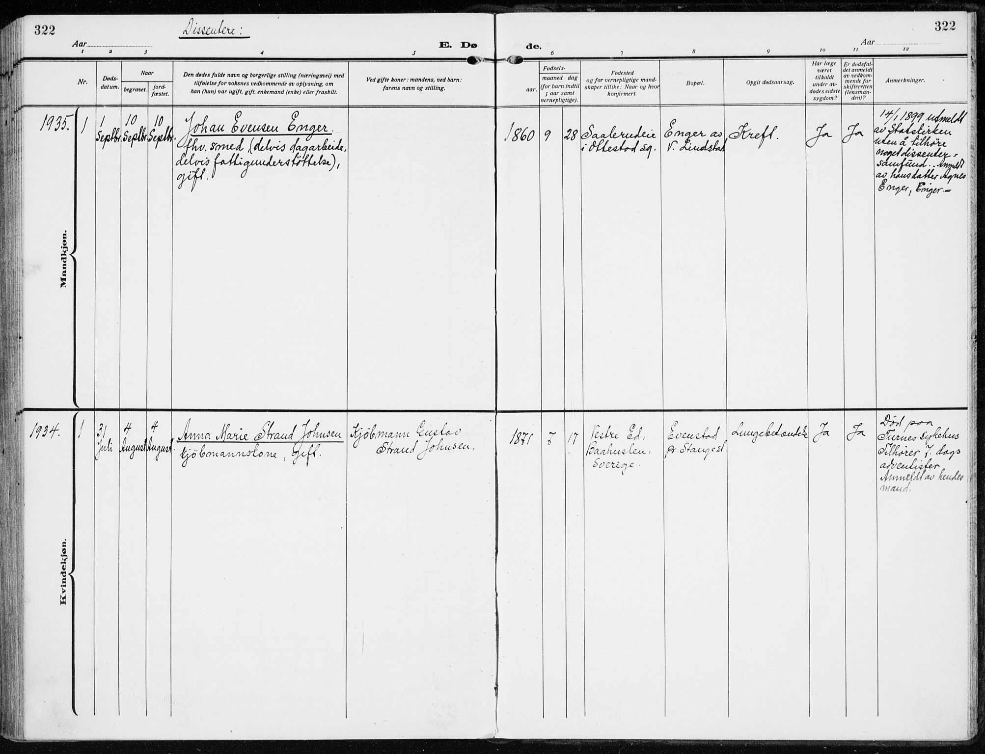 Stange prestekontor, SAH/PREST-002/K/L0026: Parish register (official) no. 26, 1923-1937, p. 322