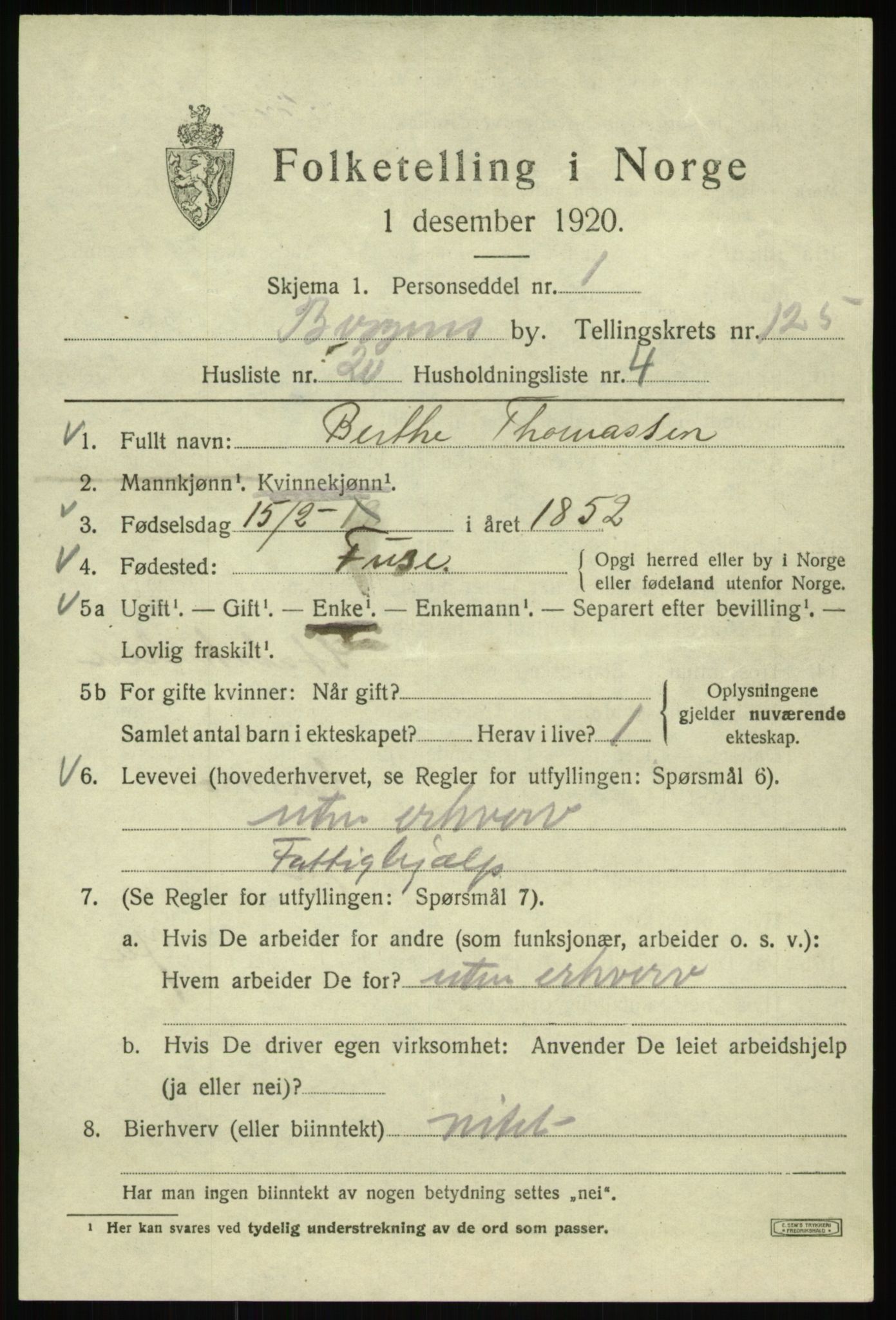 SAB, 1920 census for Bergen, 1920, p. 211412