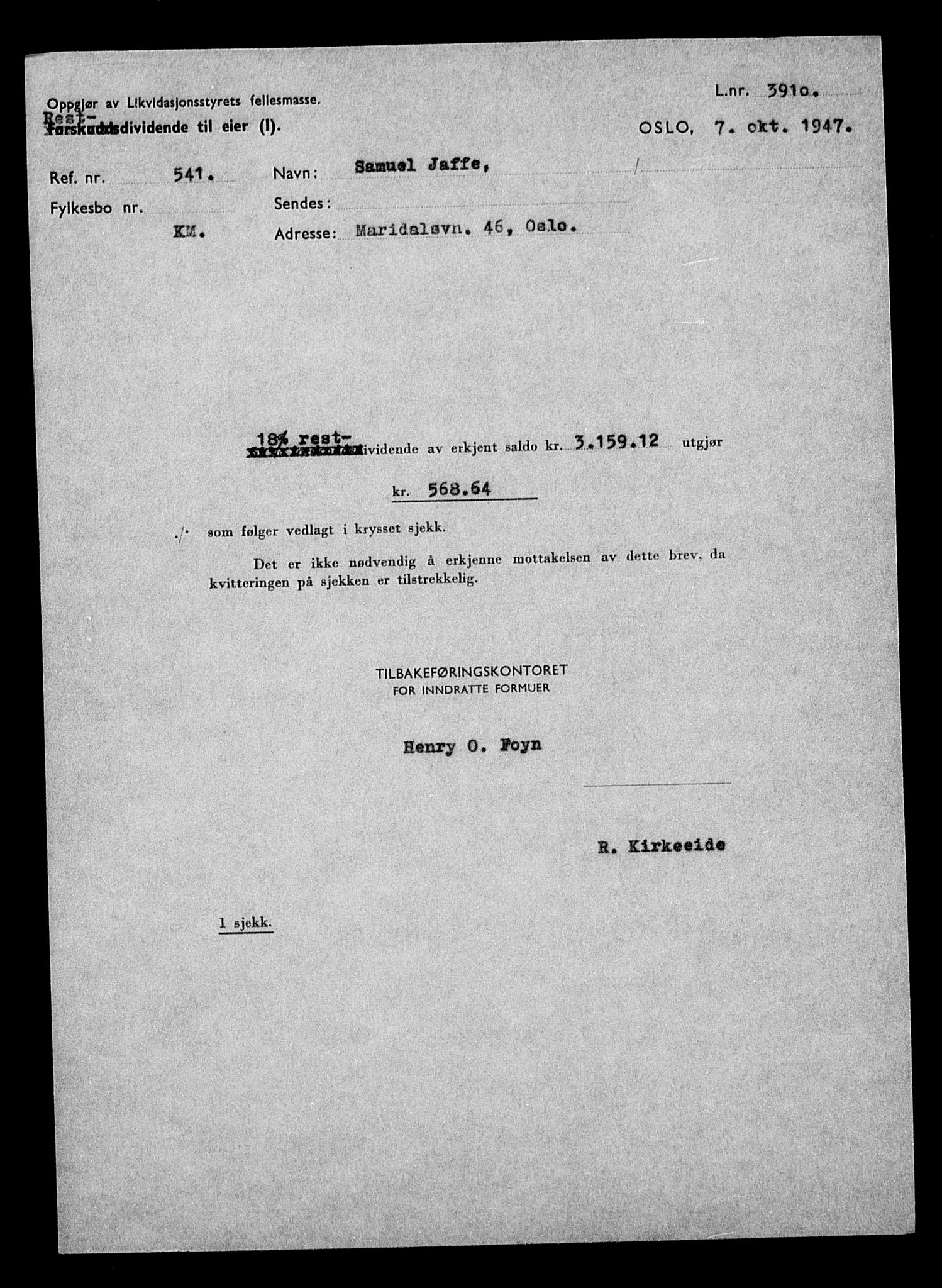 Justisdepartementet, Tilbakeføringskontoret for inndratte formuer, AV/RA-S-1564/H/Hc/Hcc/L0947: --, 1945-1947, p. 94