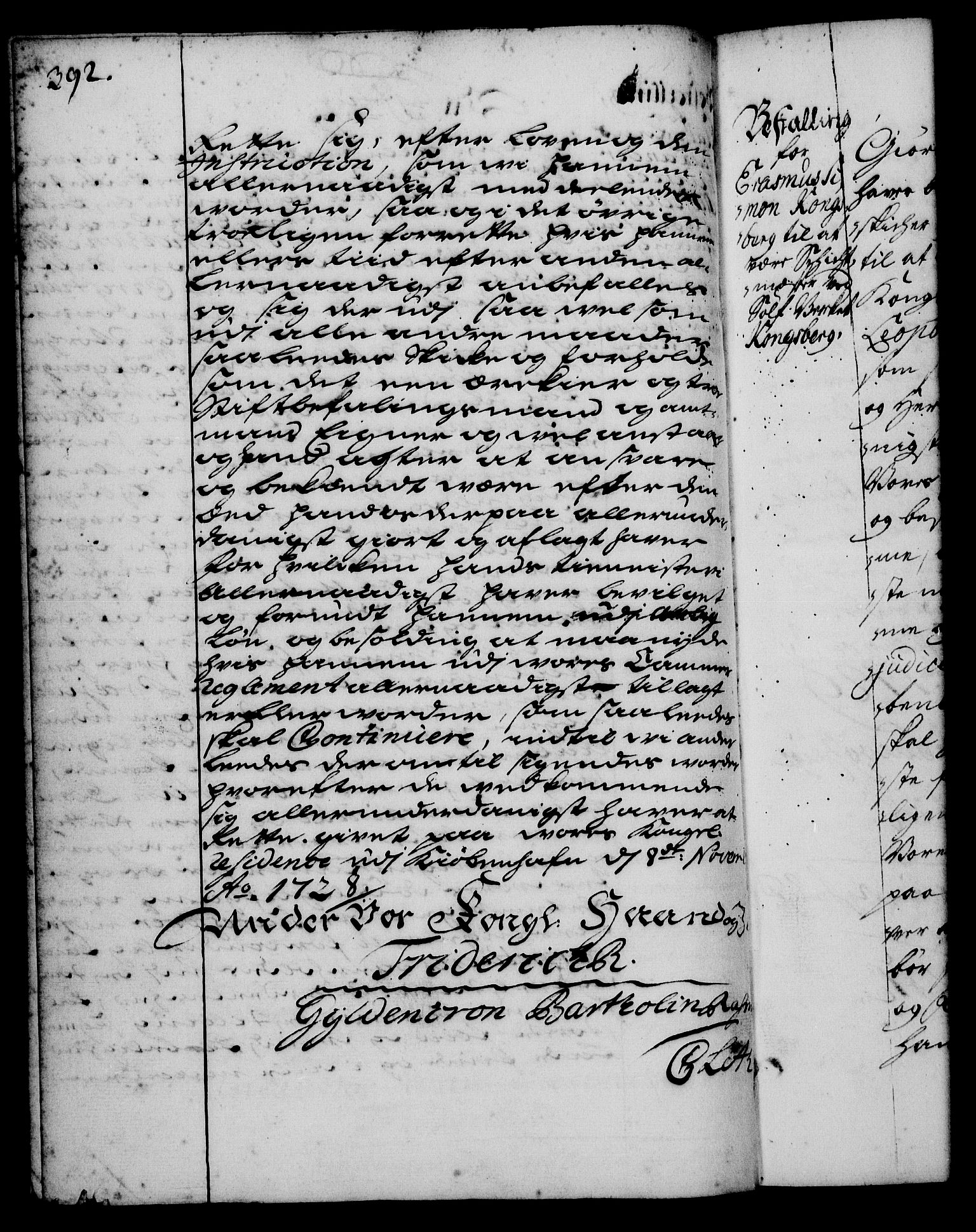 Rentekammeret, Kammerkanselliet, RA/EA-3111/G/Gg/Gge/L0001: Norsk bestallingsprotokoll med register (merket RK 53.25), 1720-1730, p. 392