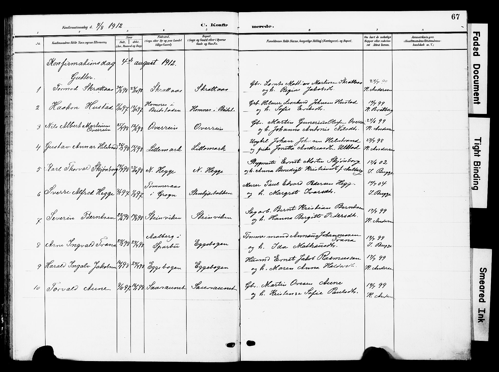 Ministerialprotokoller, klokkerbøker og fødselsregistre - Nord-Trøndelag, SAT/A-1458/740/L0381: Parish register (copy) no. 740C02, 1903-1914, p. 67