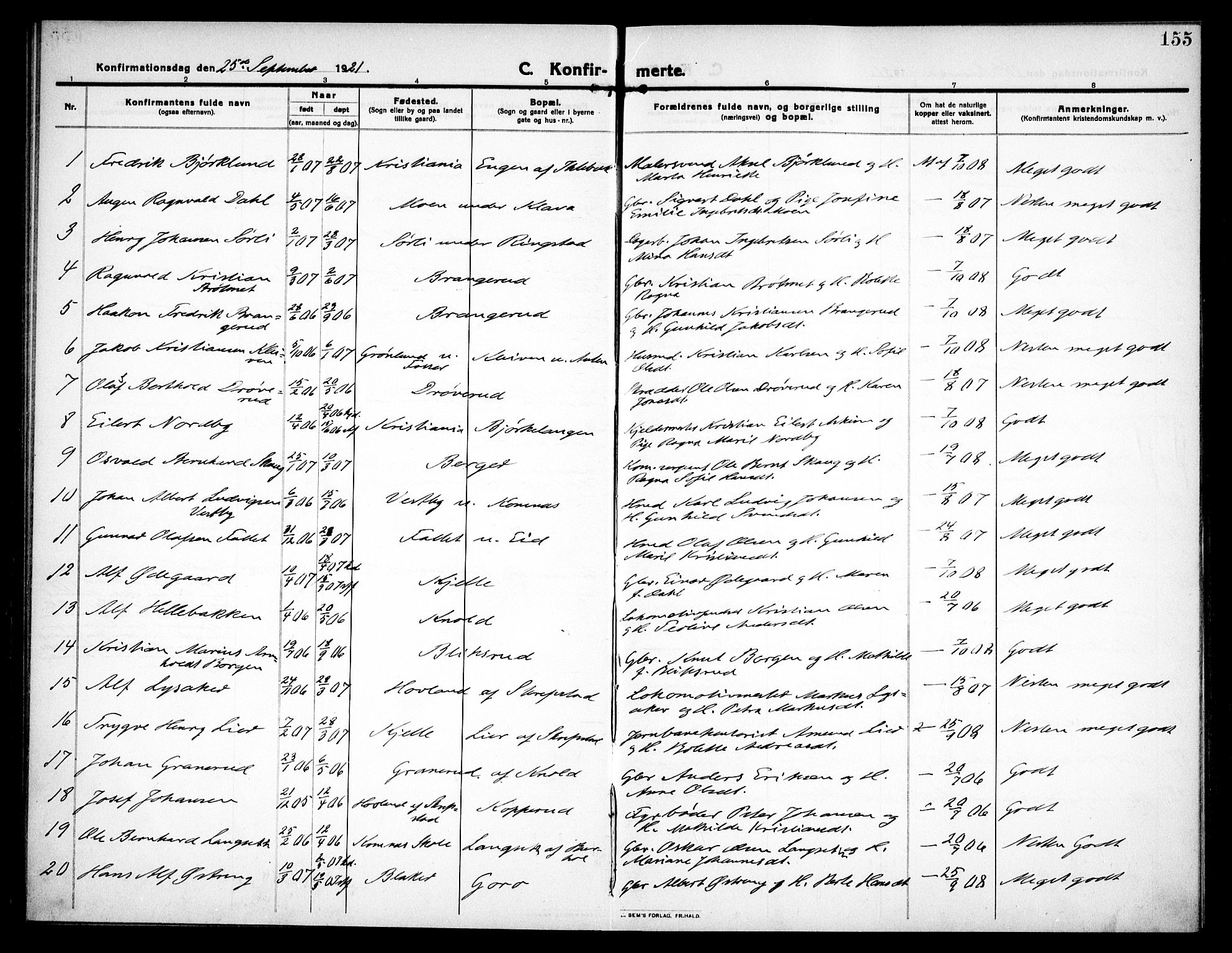 Høland prestekontor Kirkebøker, SAO/A-10346a/F/Fa/L0016: Parish register (official) no. I 16, 1912-1921, p. 155