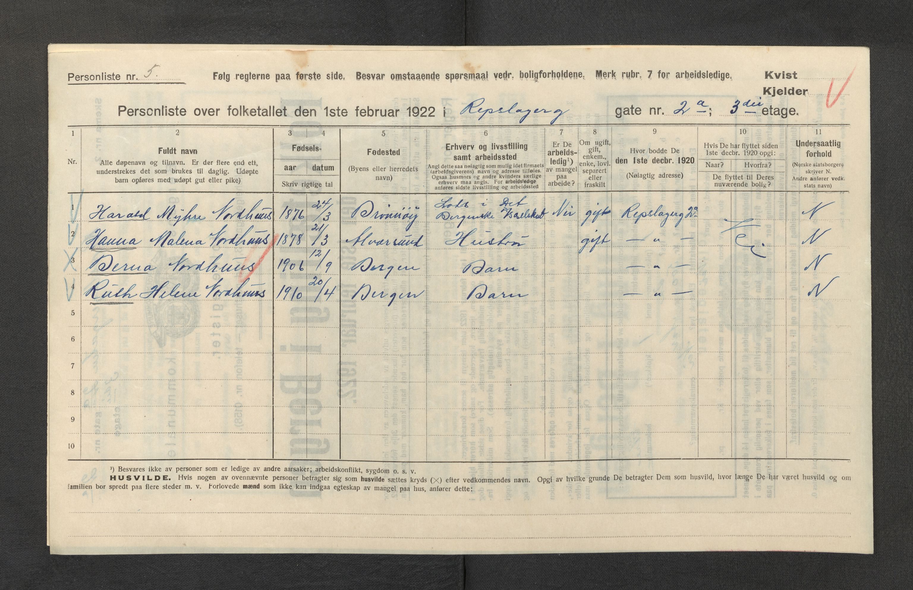 SAB, Municipal Census 1922 for Bergen, 1922, p. 32367