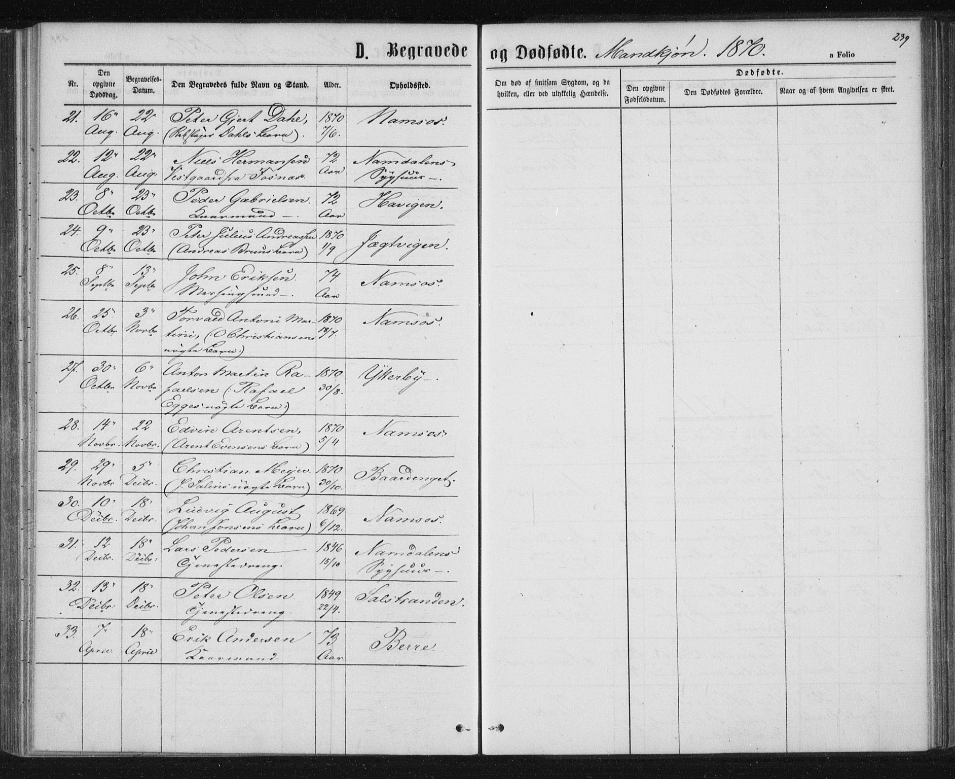 Ministerialprotokoller, klokkerbøker og fødselsregistre - Nord-Trøndelag, SAT/A-1458/768/L0570: Parish register (official) no. 768A05, 1865-1874, p. 239