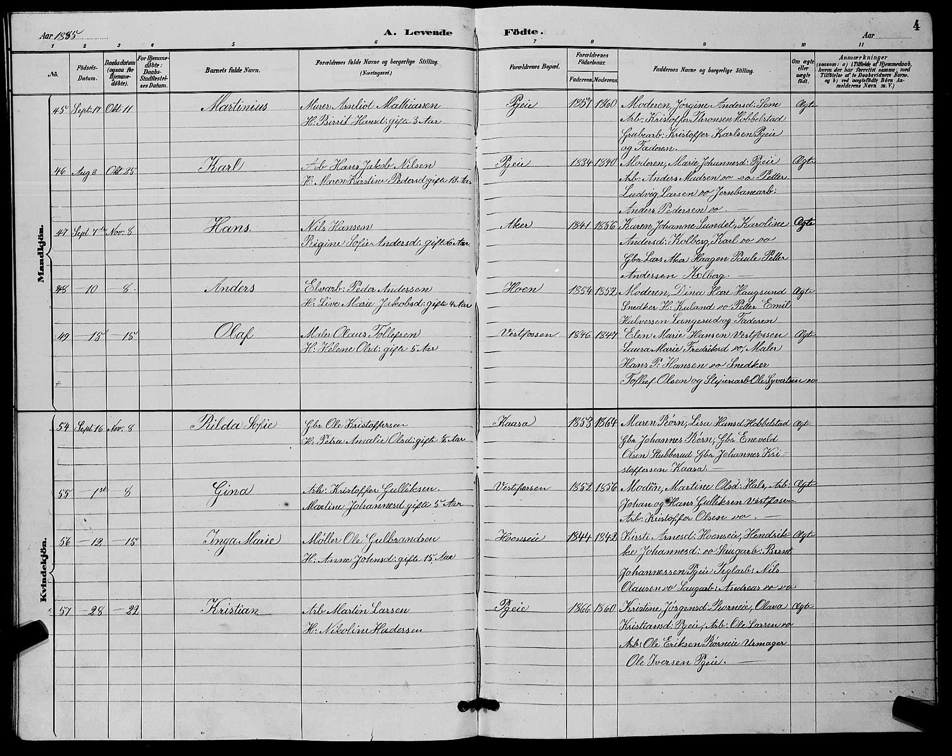 Eiker kirkebøker, AV/SAKO-A-4/G/Ga/L0006: Parish register (copy) no. I 6, 1885-1893, p. 4