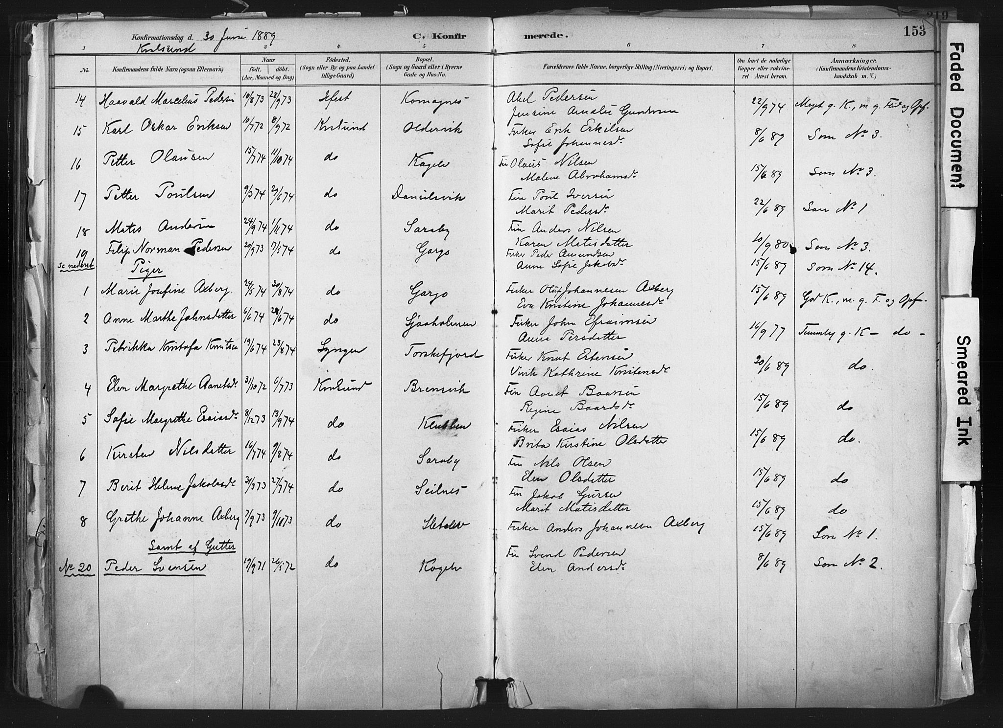 Hammerfest sokneprestkontor, SATØ/S-1347: Parish register (official) no. 11 /2, 1885-1897, p. 153