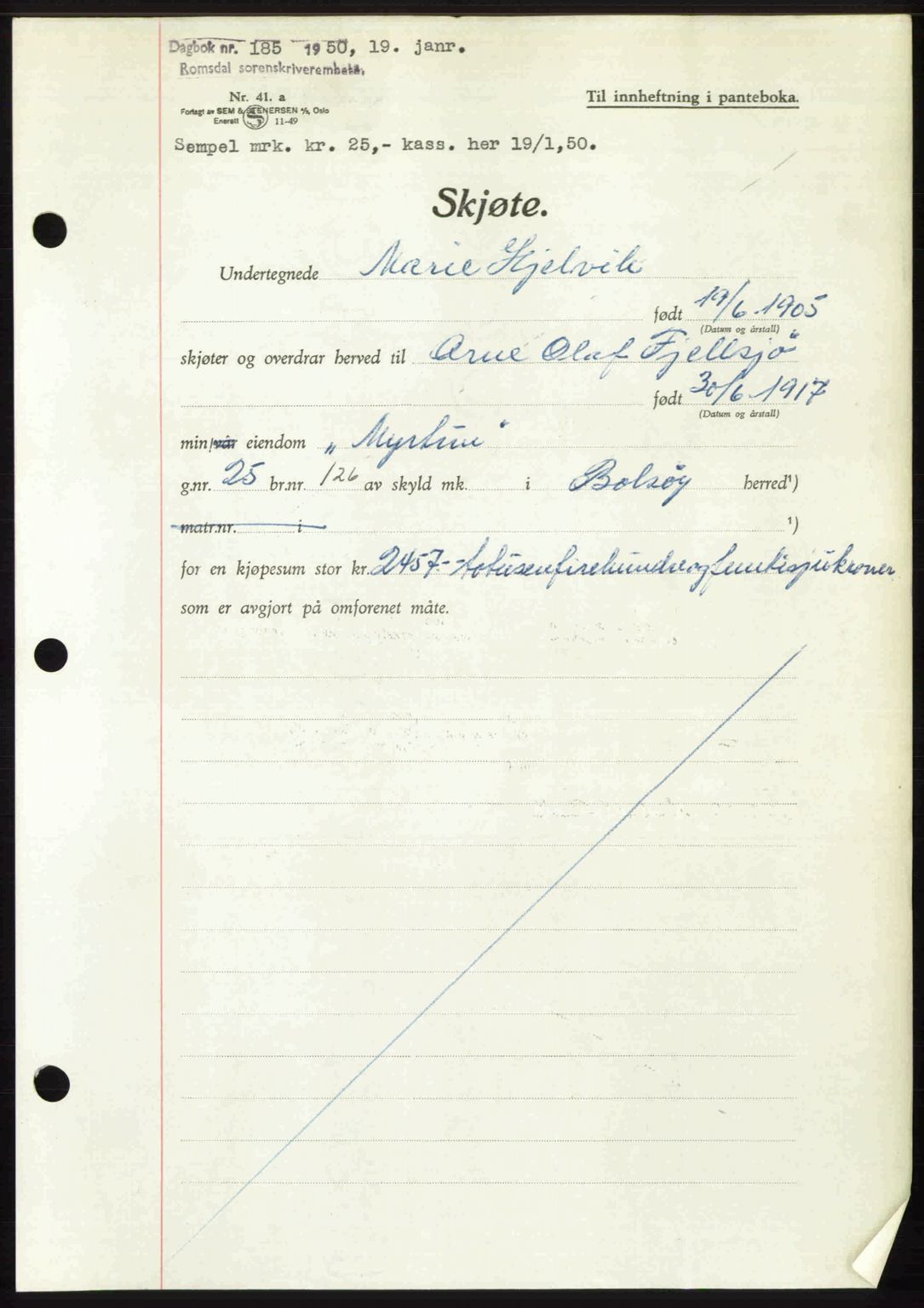 Romsdal sorenskriveri, AV/SAT-A-4149/1/2/2C: Mortgage book no. A32, 1950-1950, Diary no: : 185/1950